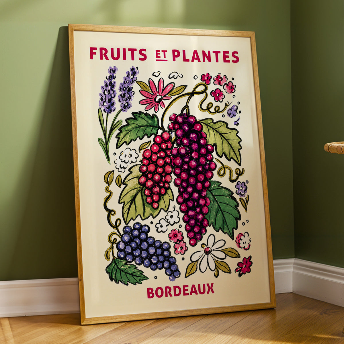 Bordeaux in Bloom, beige, purple, pink nature wall art displayed in a styled interior, gallery view 9
