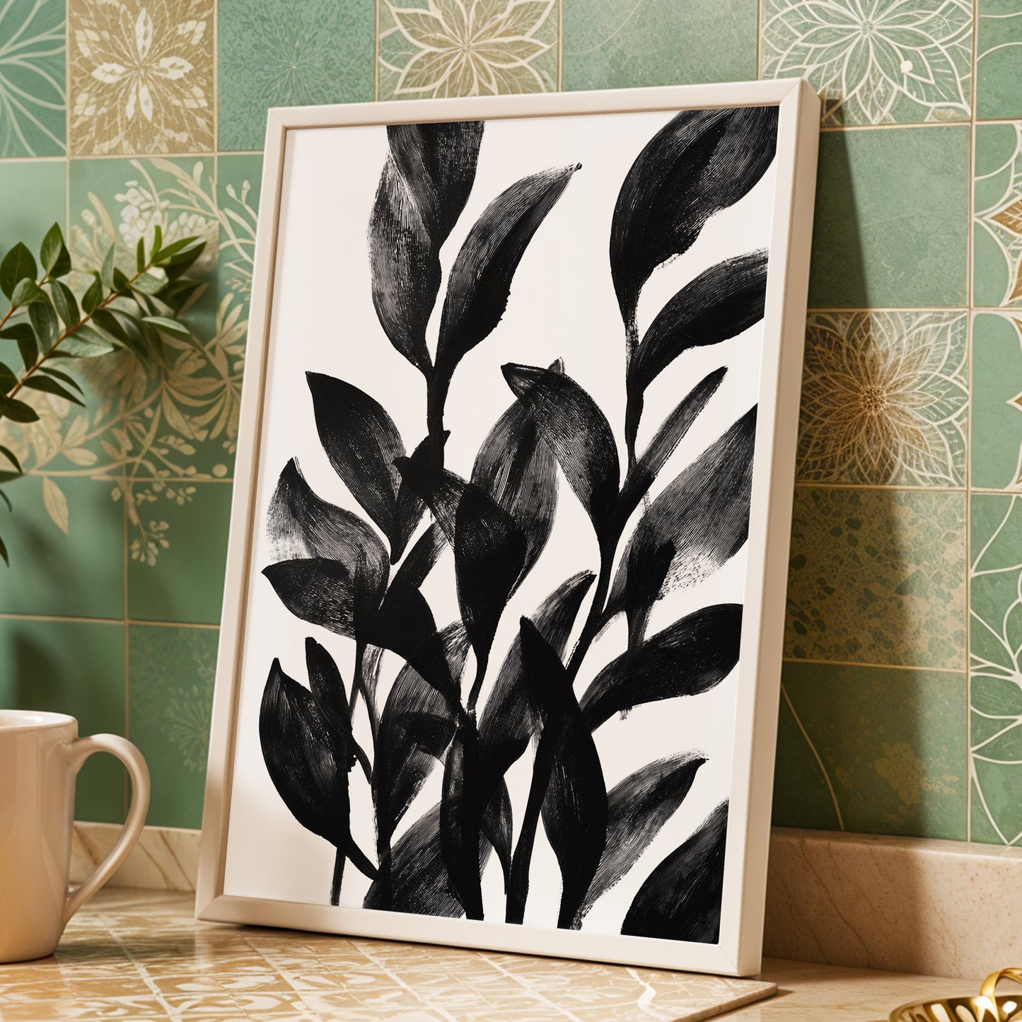 Botanical Rhythm, black, white, gray nature wall art displayed in a styled interior, gallery view 9