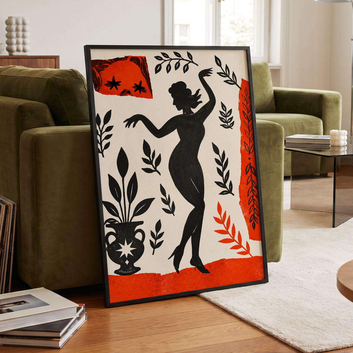Botanical Rhythm, black, beige, orange abstract wall art displayed in a styled interior, gallery view 9