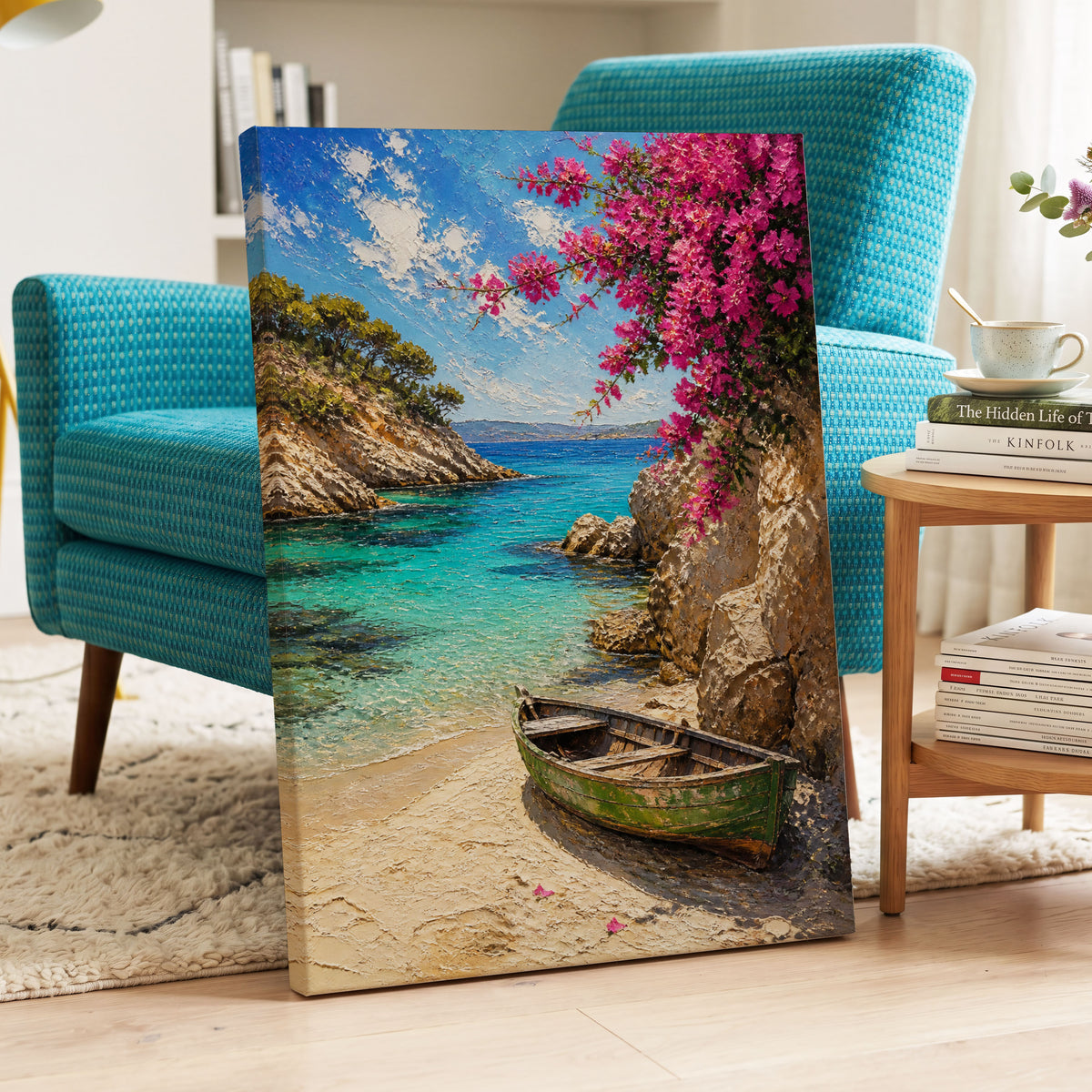 Bougainvillea Cove, blue, pink, beige nature wall art on canvas displayed in a styled interior, gallery view 2