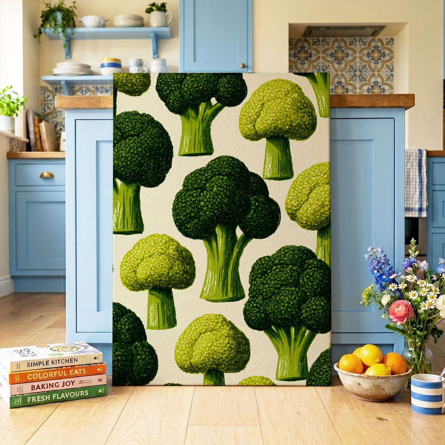 Broccoli Grove, green, beige, yellow nature wall art on canvas displayed in a styled interior, gallery view 2