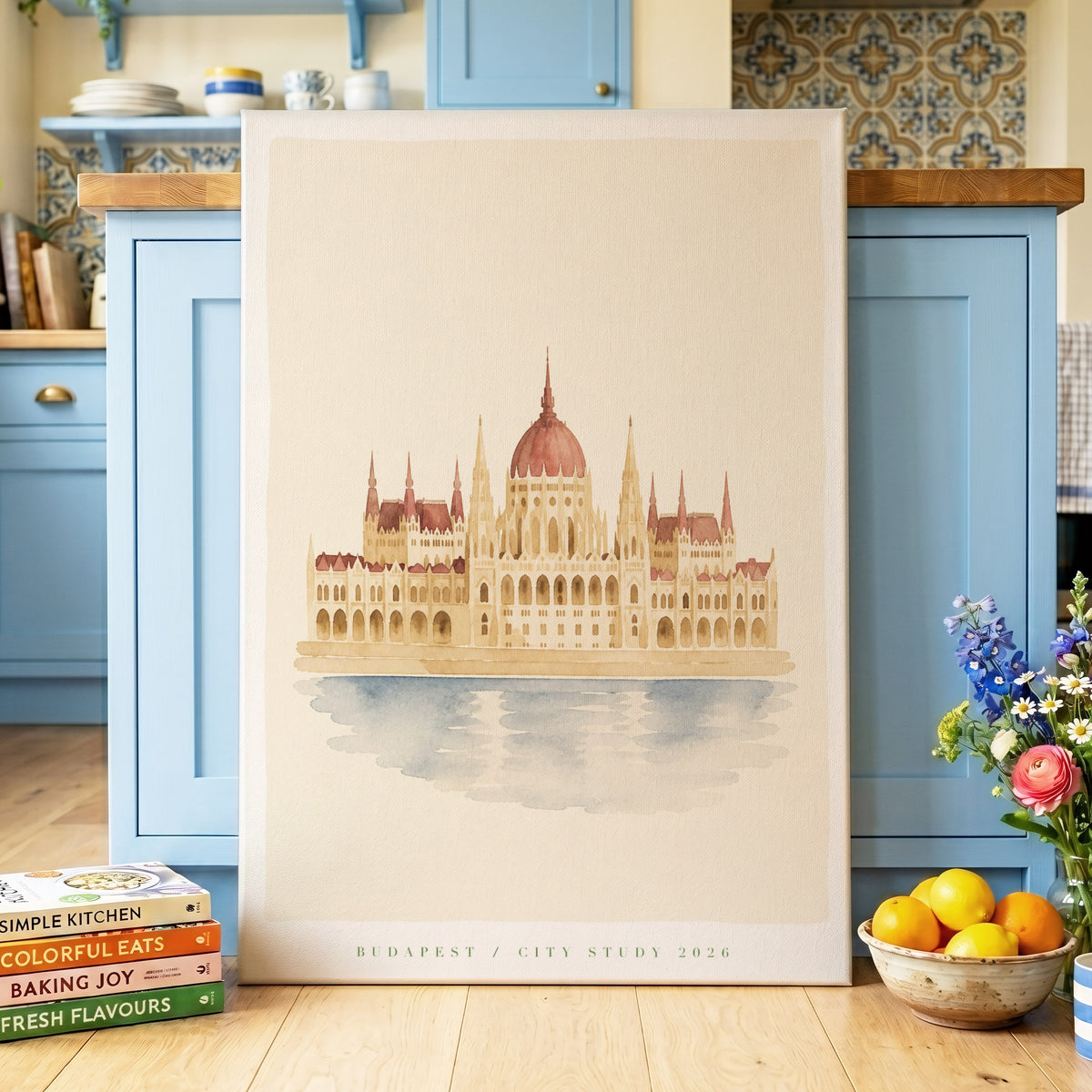 Budapest in Quiet Light, beige, brown, blue minimalist wall art on canvas displayed in a styled interior, gallery view 2