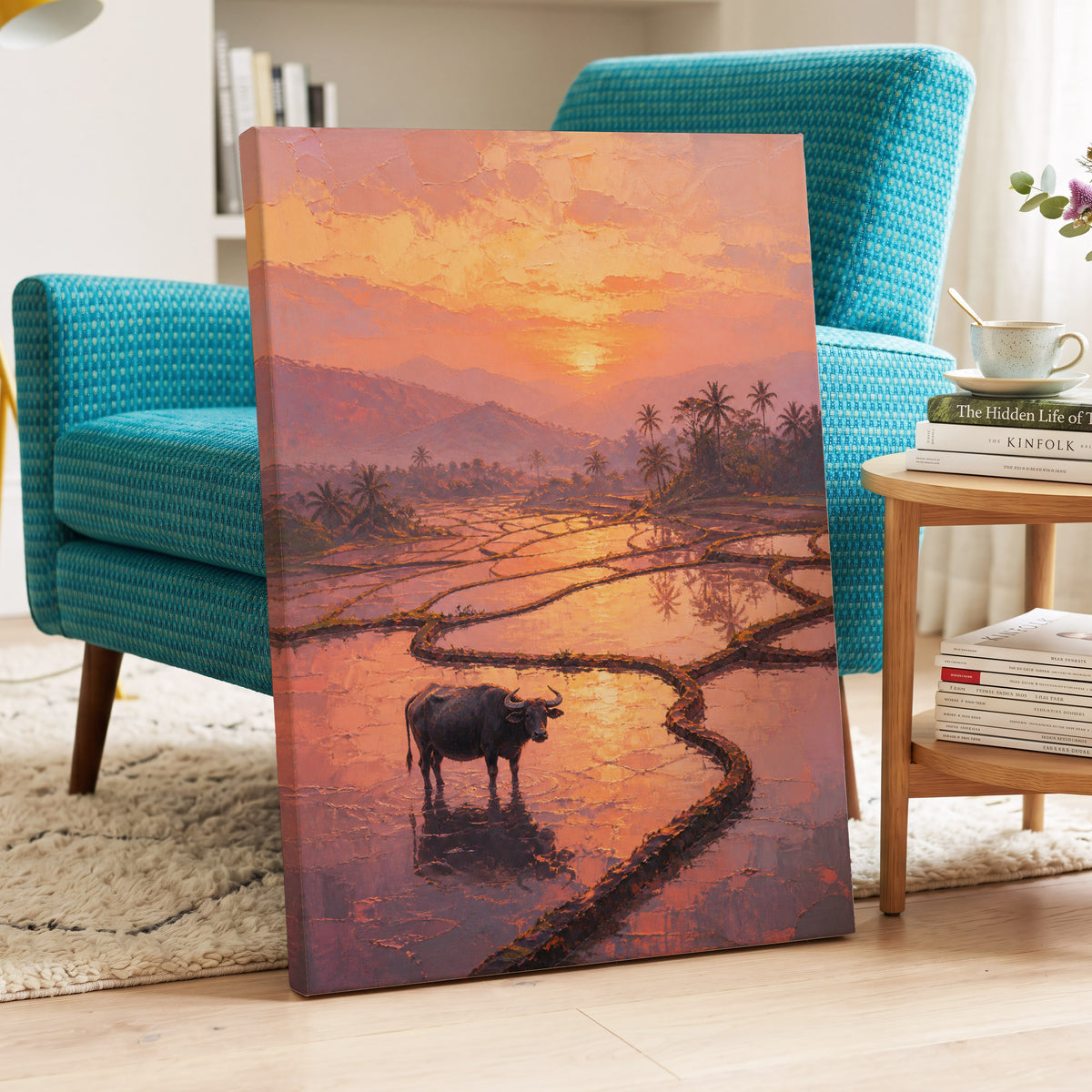 Buffalo at Blush Dusk, pink, orange, purple nature wall art on canvas displayed in a styled interior, gallery view 2