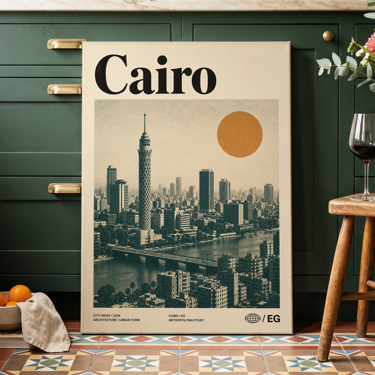 Cairo Modernist Vista, beige, black, orange minimalist wall art on canvas displayed in a styled interior, gallery view 2