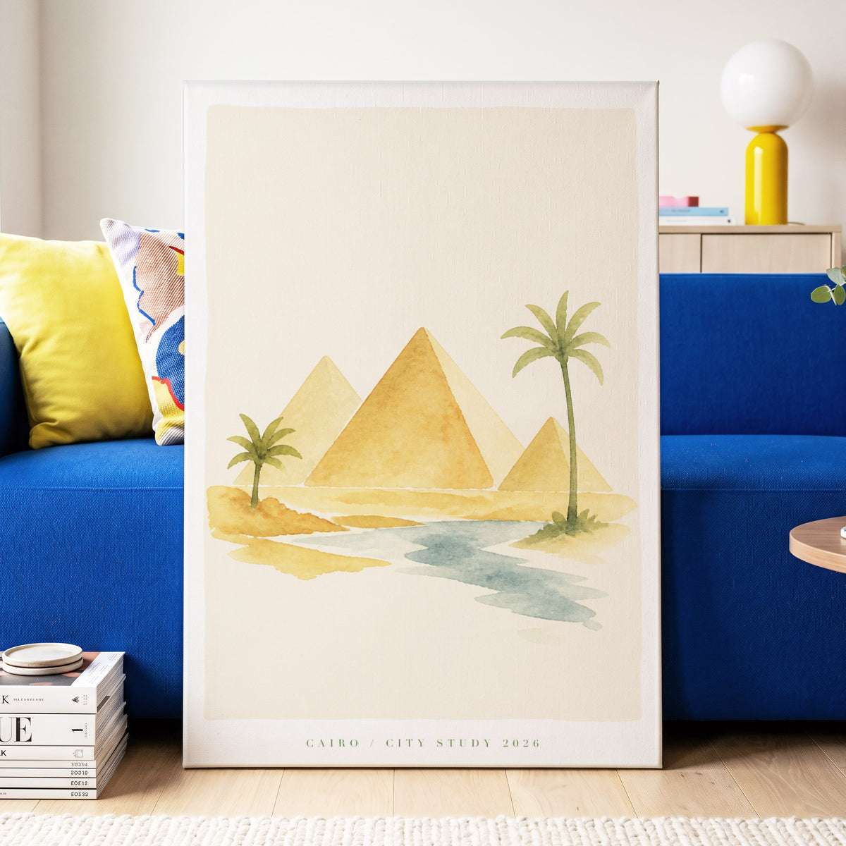 Cairo Oasis Study, beige, gold, green nature wall art on canvas displayed in a styled interior, gallery view 2