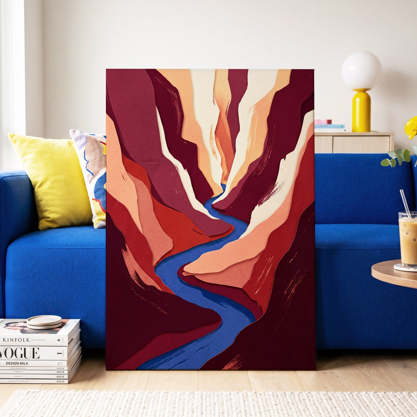 Canyon Current, red, orange, blue nature wall art on canvas displayed in a styled interior, gallery view 2