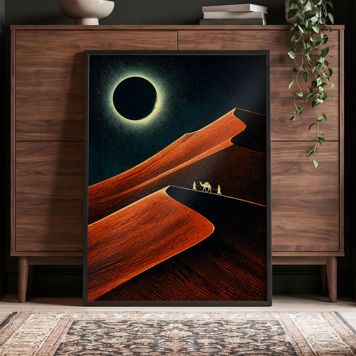 Caravan Beneath the Eclipse, orange, black, blue nature wall art displayed in a styled interior, gallery view 9
