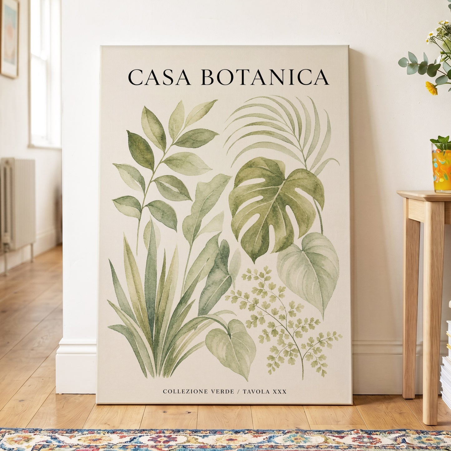 Casa Botanica Leaves, green, beige, black nature wall art on canvas displayed in a styled interior, gallery view 2