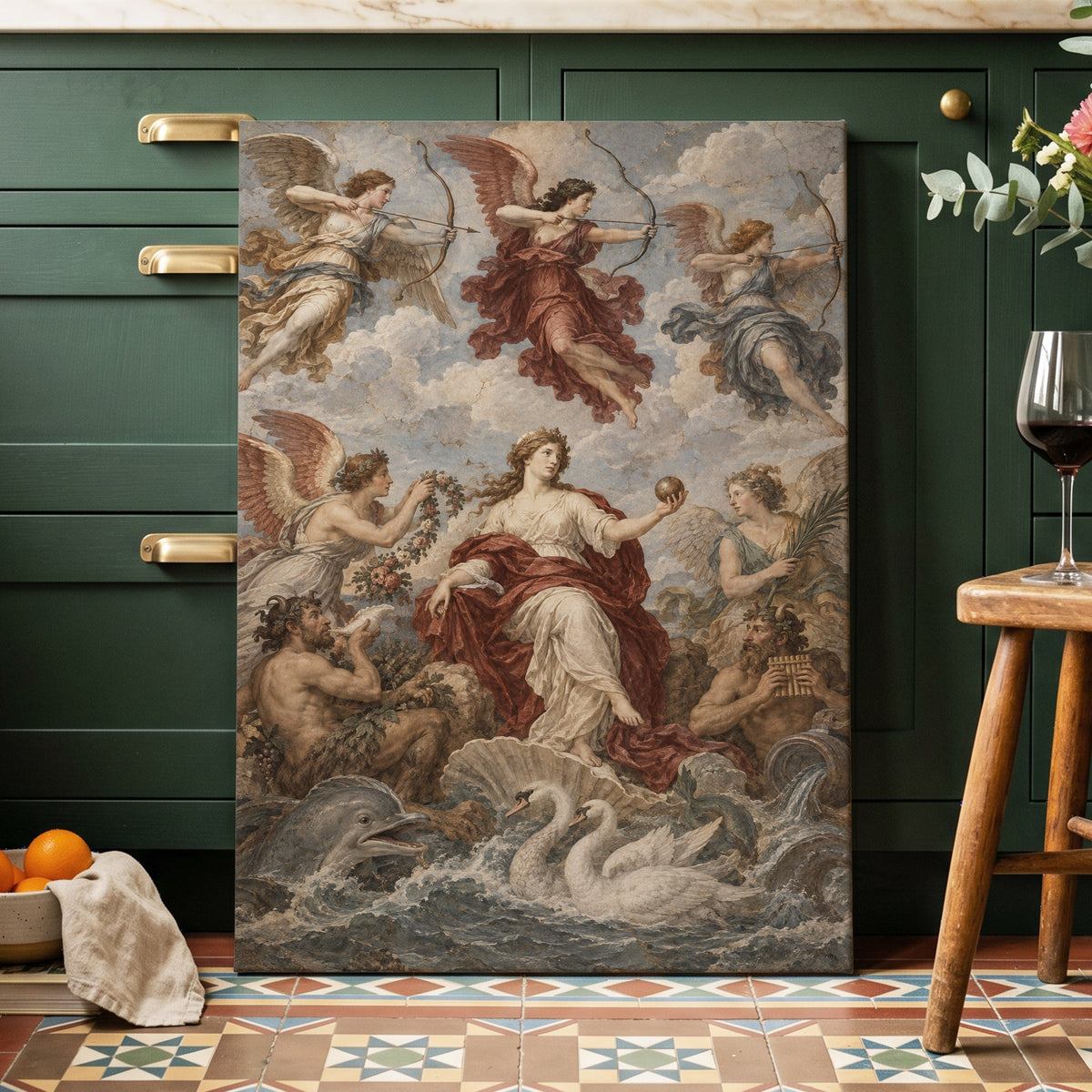 Celestial Court, blue, beige, red abstract wall art on canvas displayed in a styled interior, gallery view 2