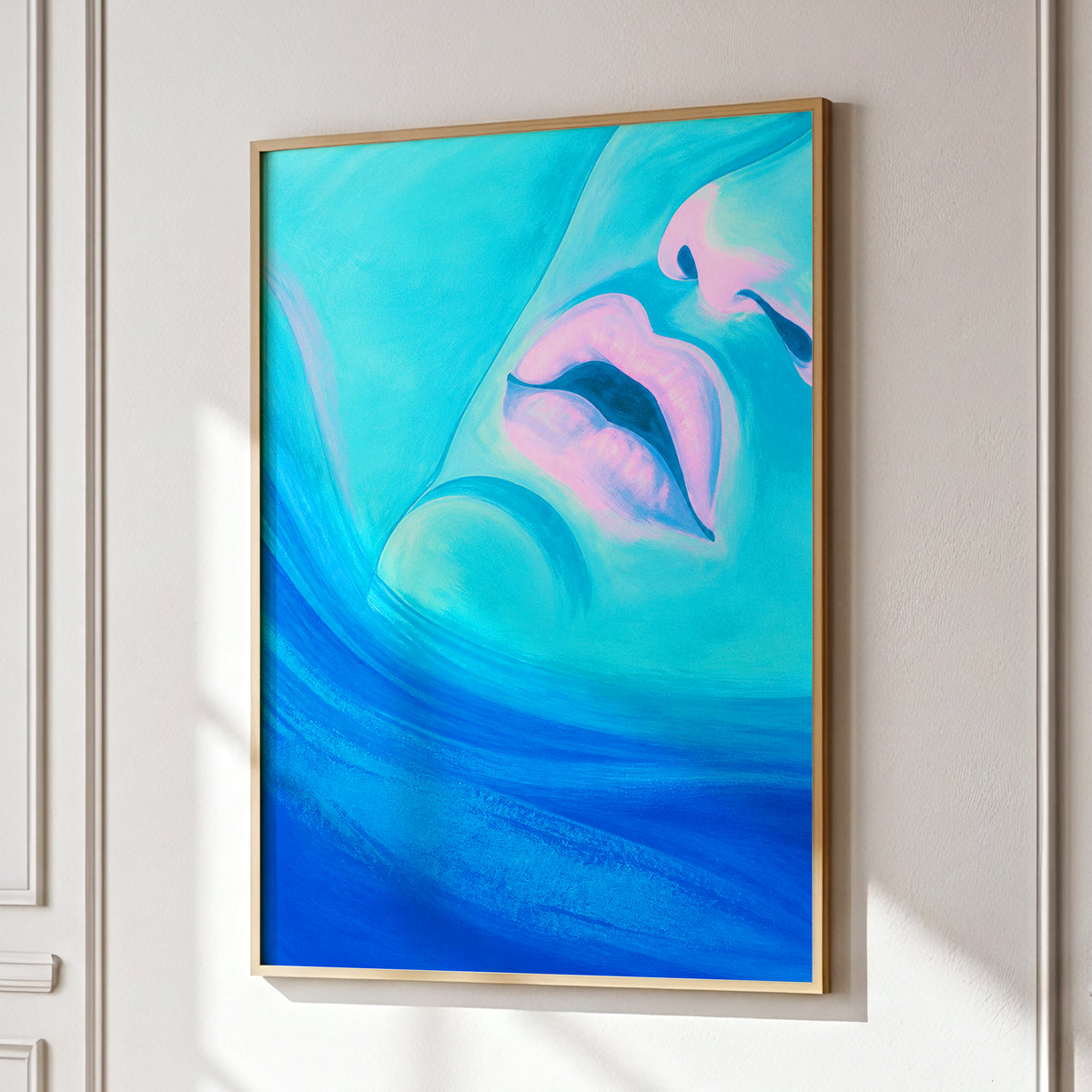 Cerulean Kiss, blue, pink, purple abstract wall art displayed in a styled interior, gallery view 9