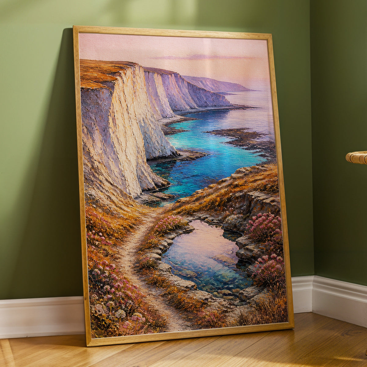 Chalk Coast Reverie, blue, pink, white nature wall art displayed in a styled interior, gallery view 9