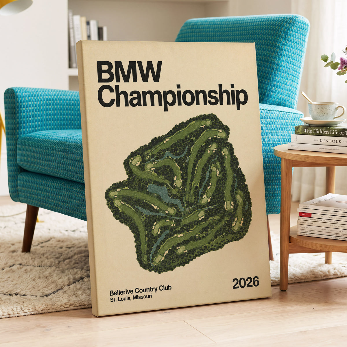 Championship Greens, green, beige, black nature wall art on canvas displayed in a styled interior, gallery view 2