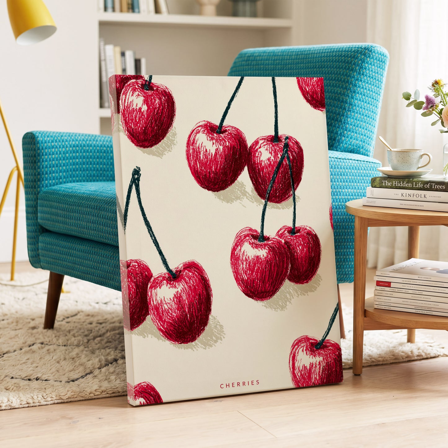 Cherry Rhythm, red, beige, green nature wall art on canvas displayed in a styled interior, gallery view 2