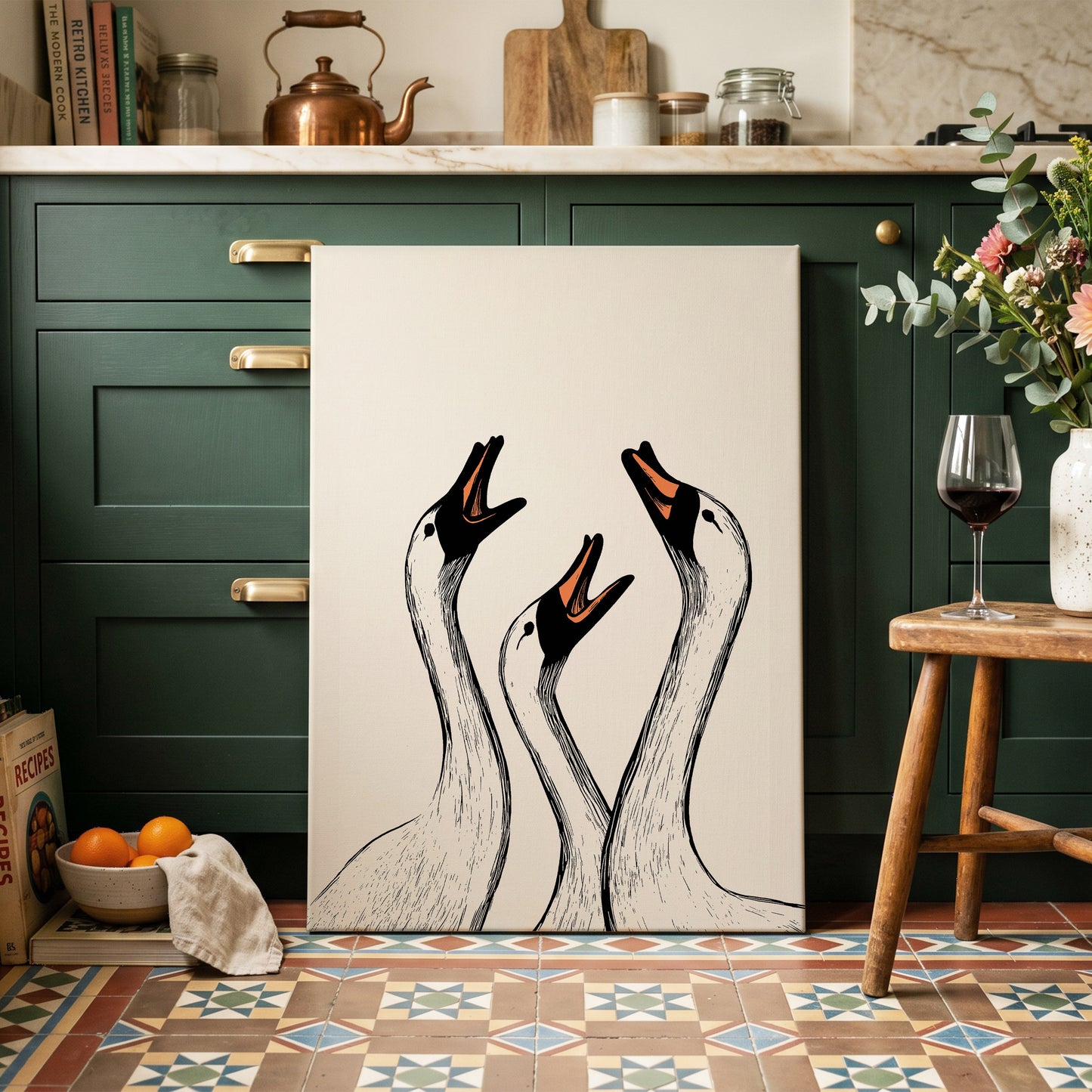 Chorus of Geese, black, beige, orange nature wall art on canvas displayed in a styled interior, gallery view 2