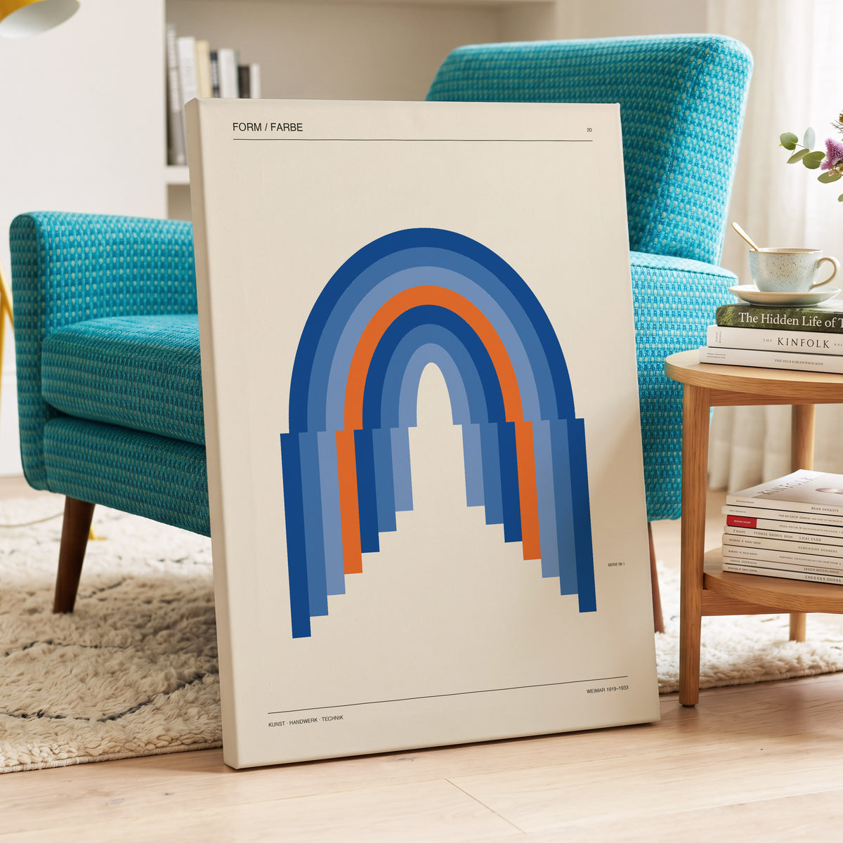 Chromatic Archways, blue, orange, beige minimalist wall art on canvas displayed in a styled interior, gallery view 2