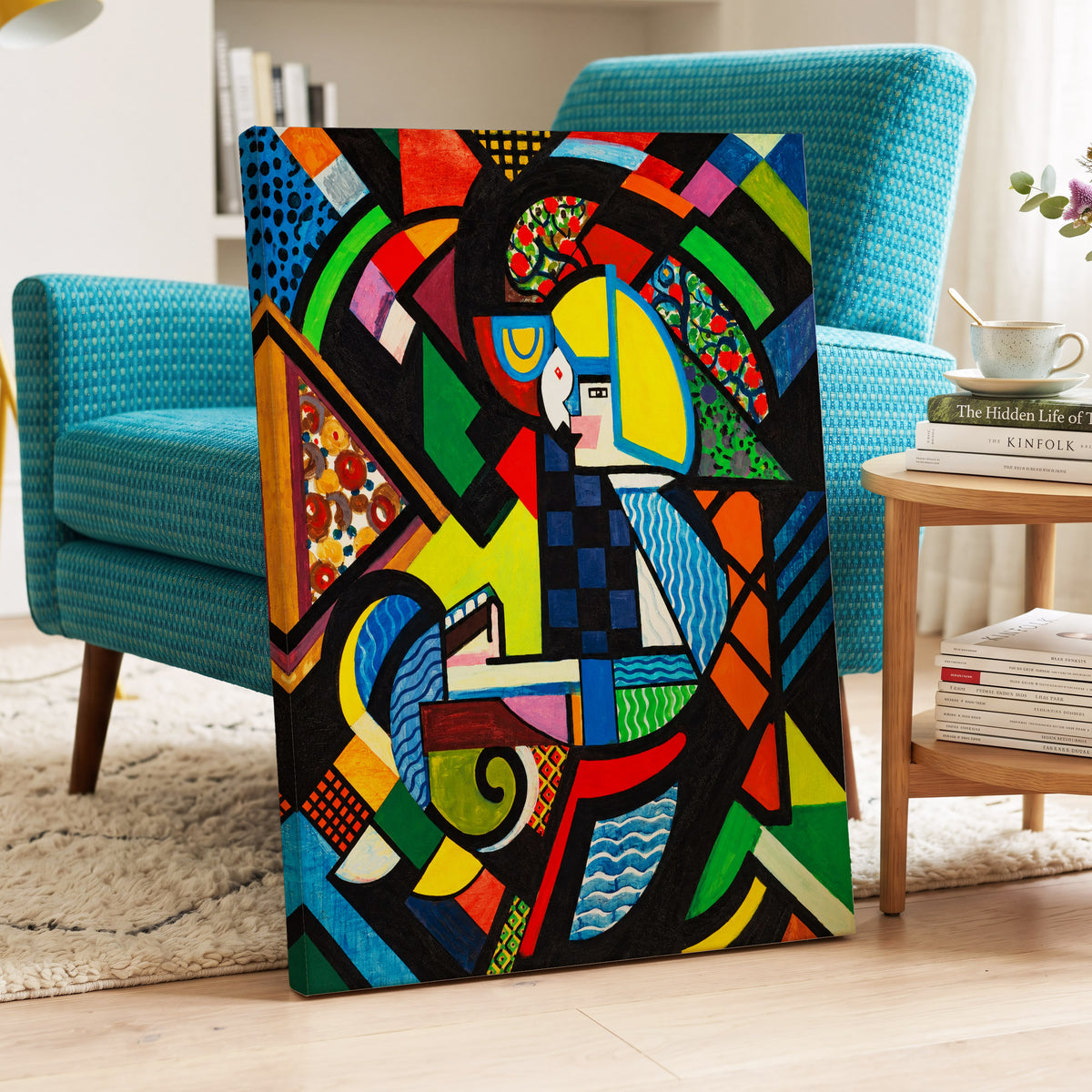Chromatic Confluence, multicolor, black, blue abstract wall art on canvas displayed in a styled interior, gallery view 2