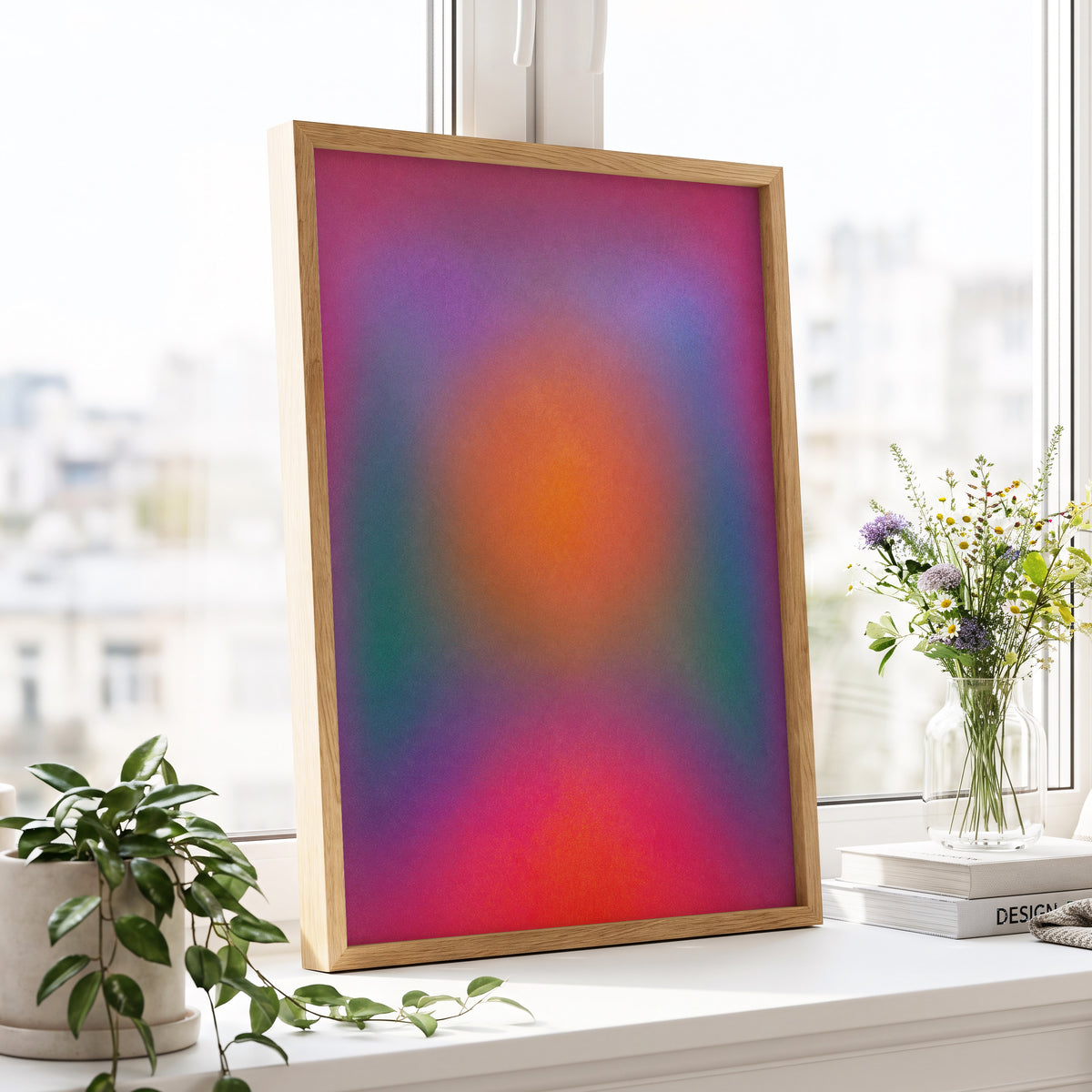 Chromatic Ember, pink, purple, orange abstract wall art displayed in a styled interior, gallery view 9