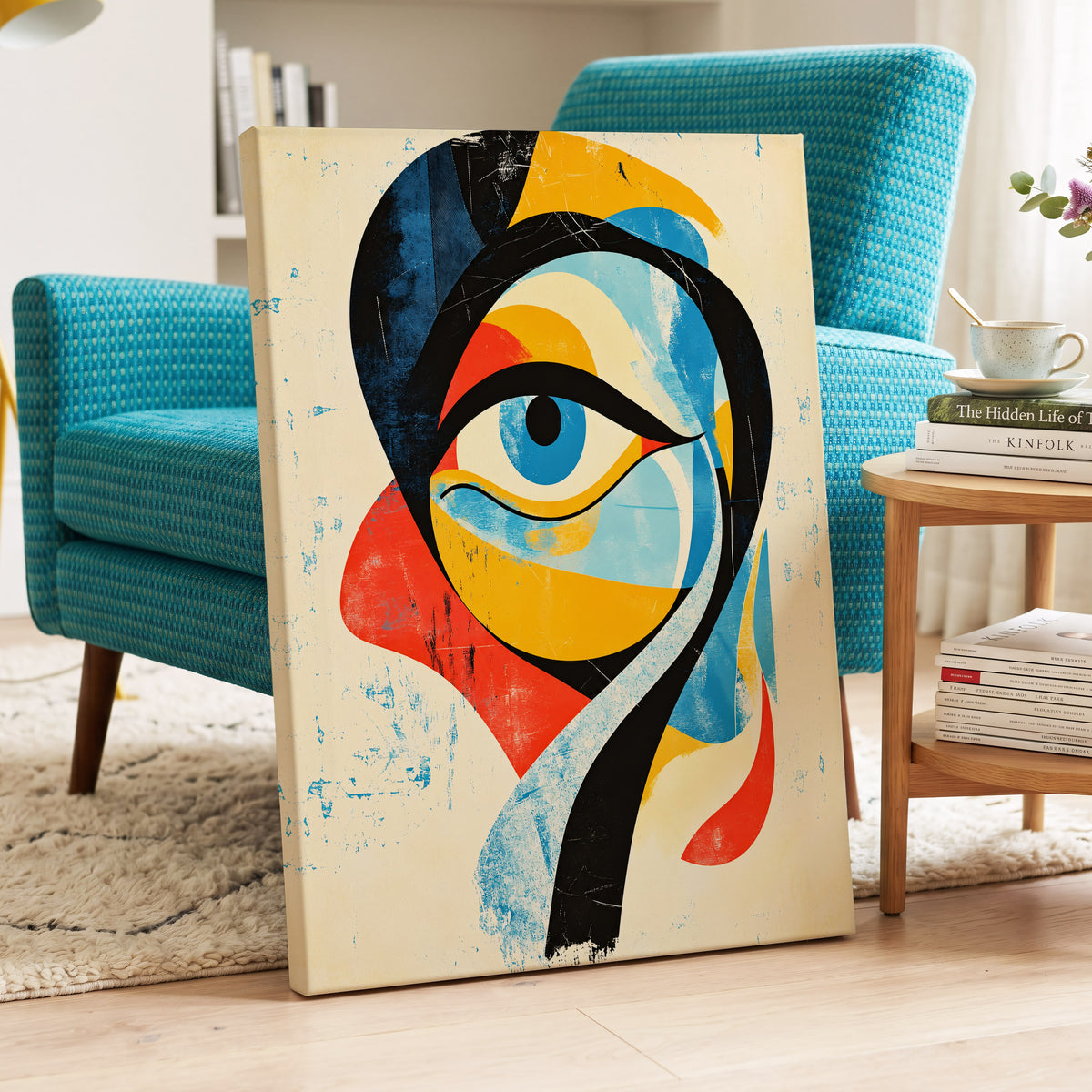 Chromatic Gaze, black, blue, orange abstract wall art on canvas displayed in a styled interior, gallery view 2