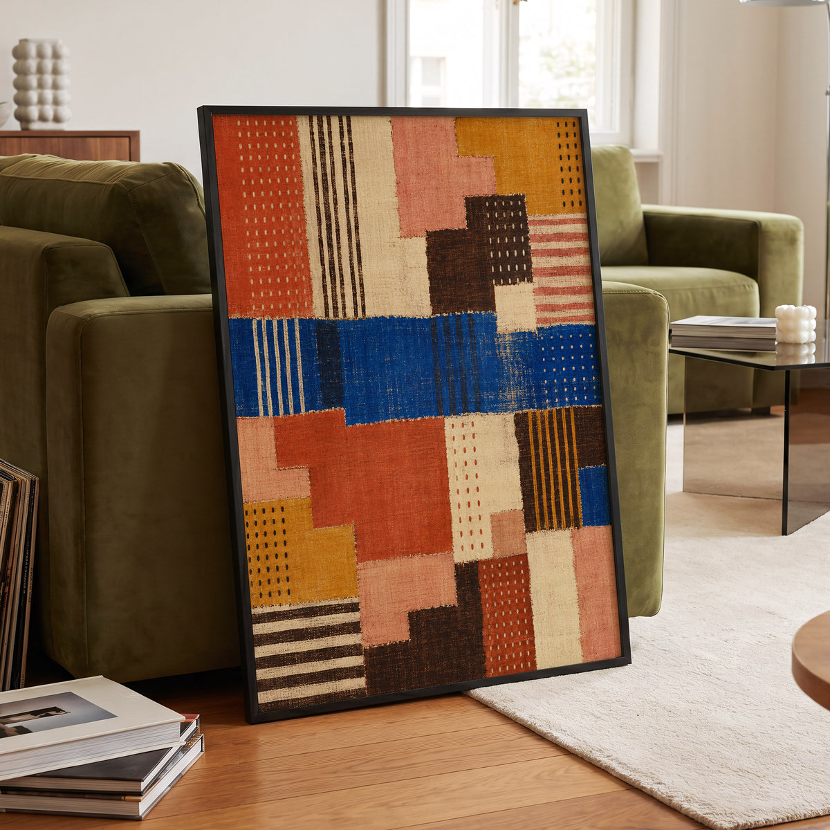 Chromatic Patchwork, blue, orange, beige abstract wall art displayed in a styled interior, gallery view 9