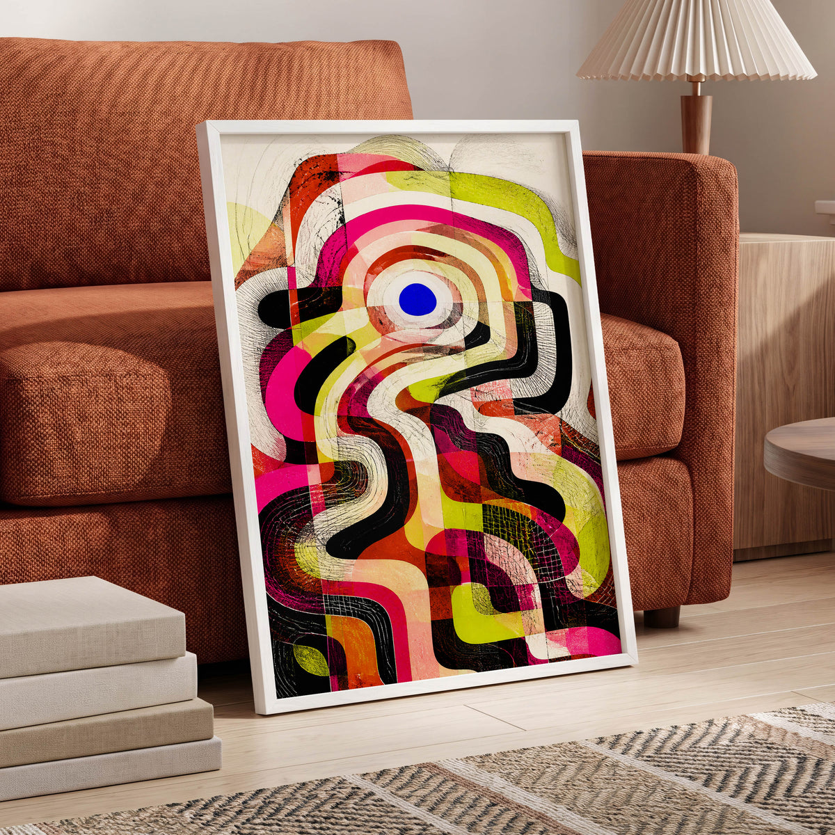 Chromatic Switchback, pink, green, black abstract wall art displayed in a styled interior, gallery view 9