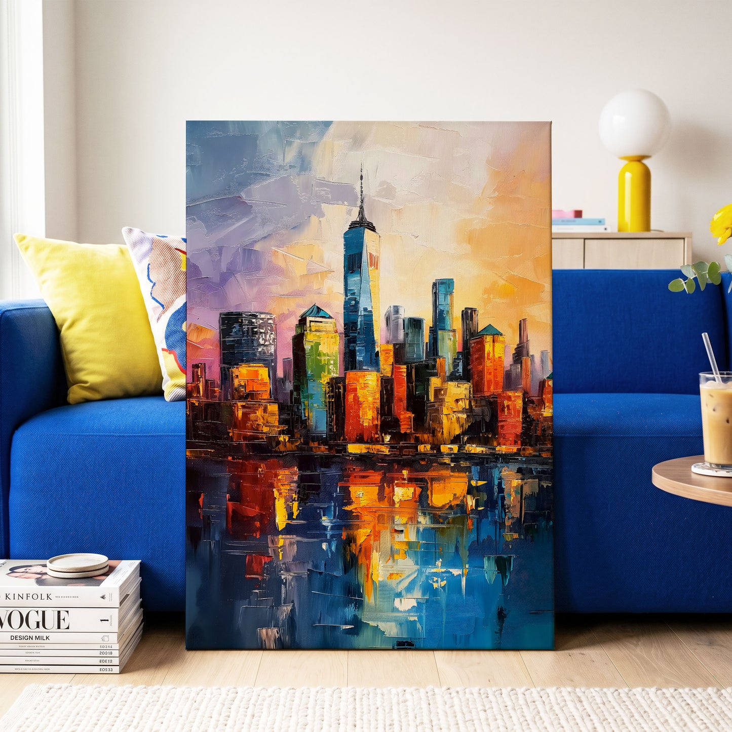 City of Golden Reflections, blue, orange, gold abstract wall art on canvas displayed in a styled interior, gallery view 2