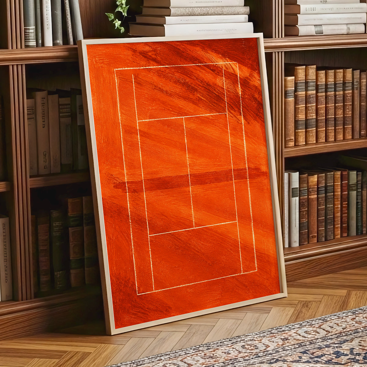 Clay Court Rhythm, orange, red, brown abstract wall art displayed in a styled interior, gallery view 9