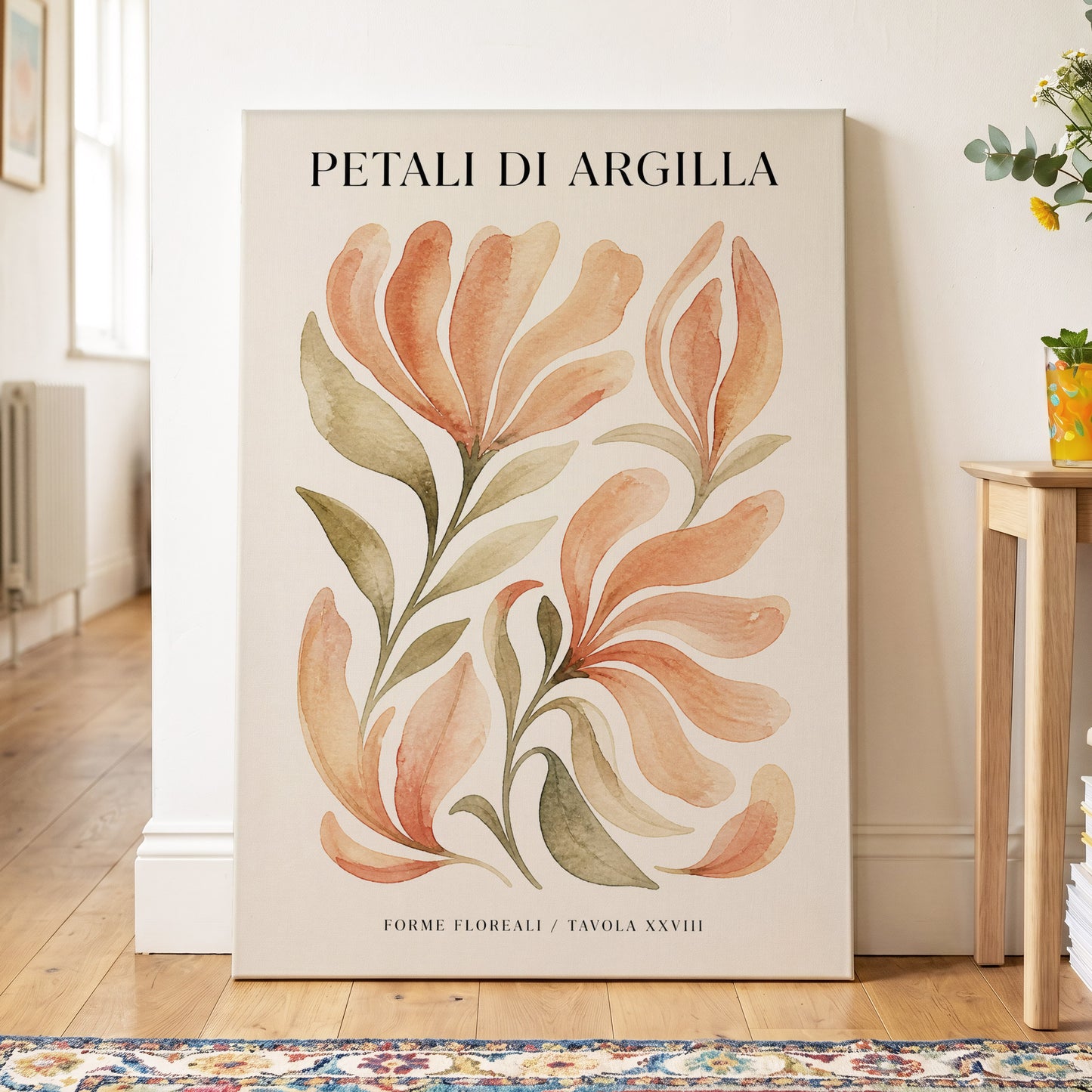 Clay Petal Study, pink, green, beige floral wall art on canvas displayed in a styled interior, gallery view 2