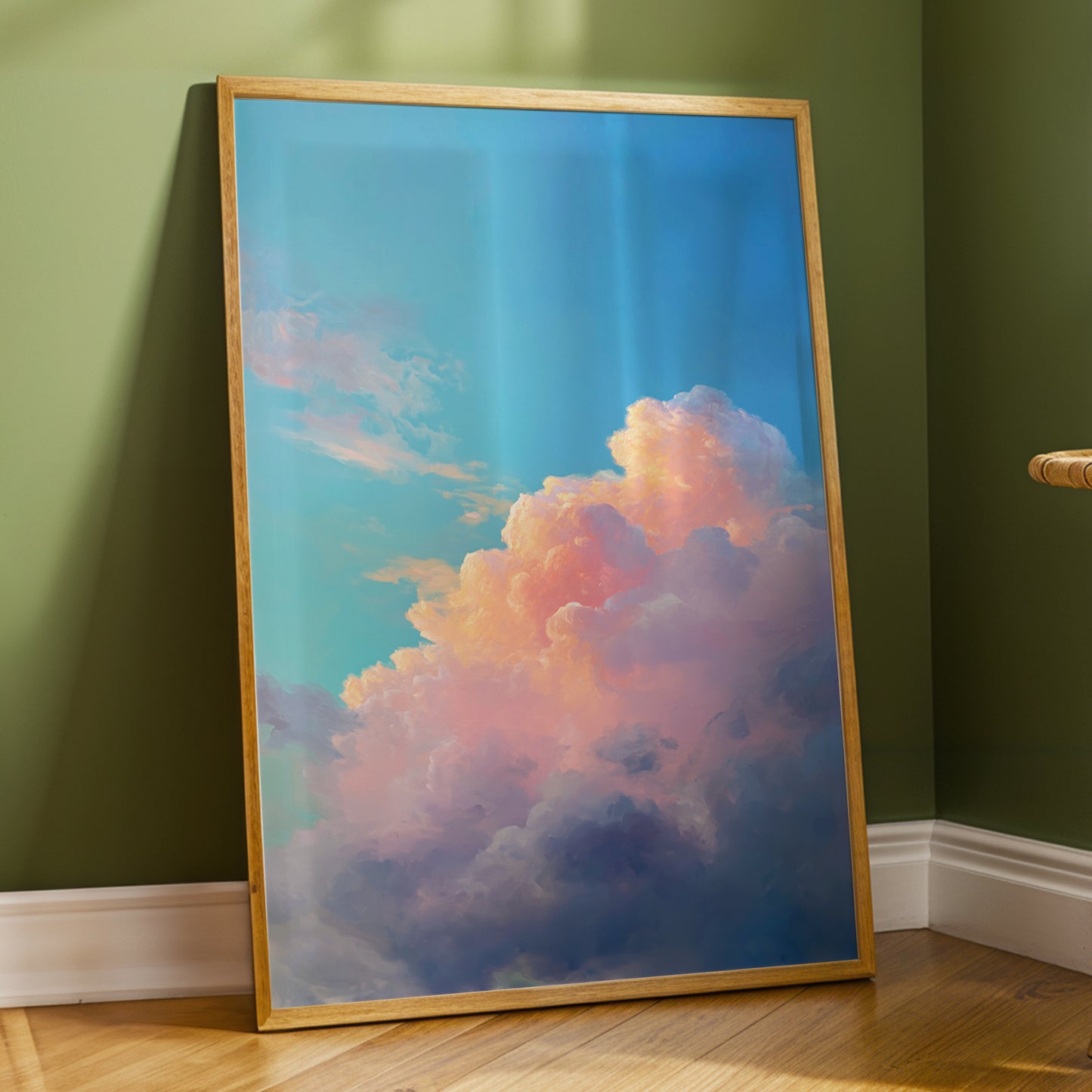 Clouds at Blush Hour, blue, pink, purple nature wall art displayed in a styled interior, gallery view 9