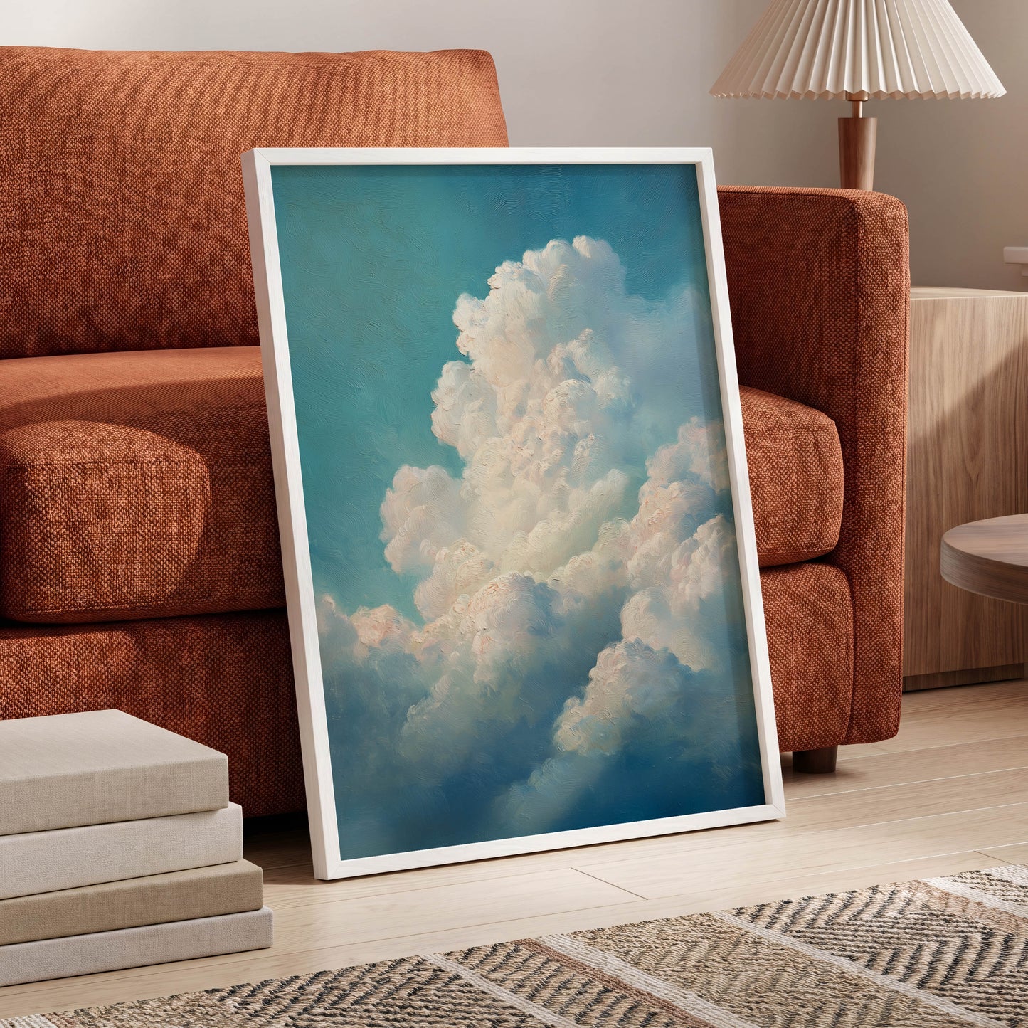 Clouds in Quiet Ascent, blue, white, beige nature wall art displayed in a styled interior, gallery view 9
