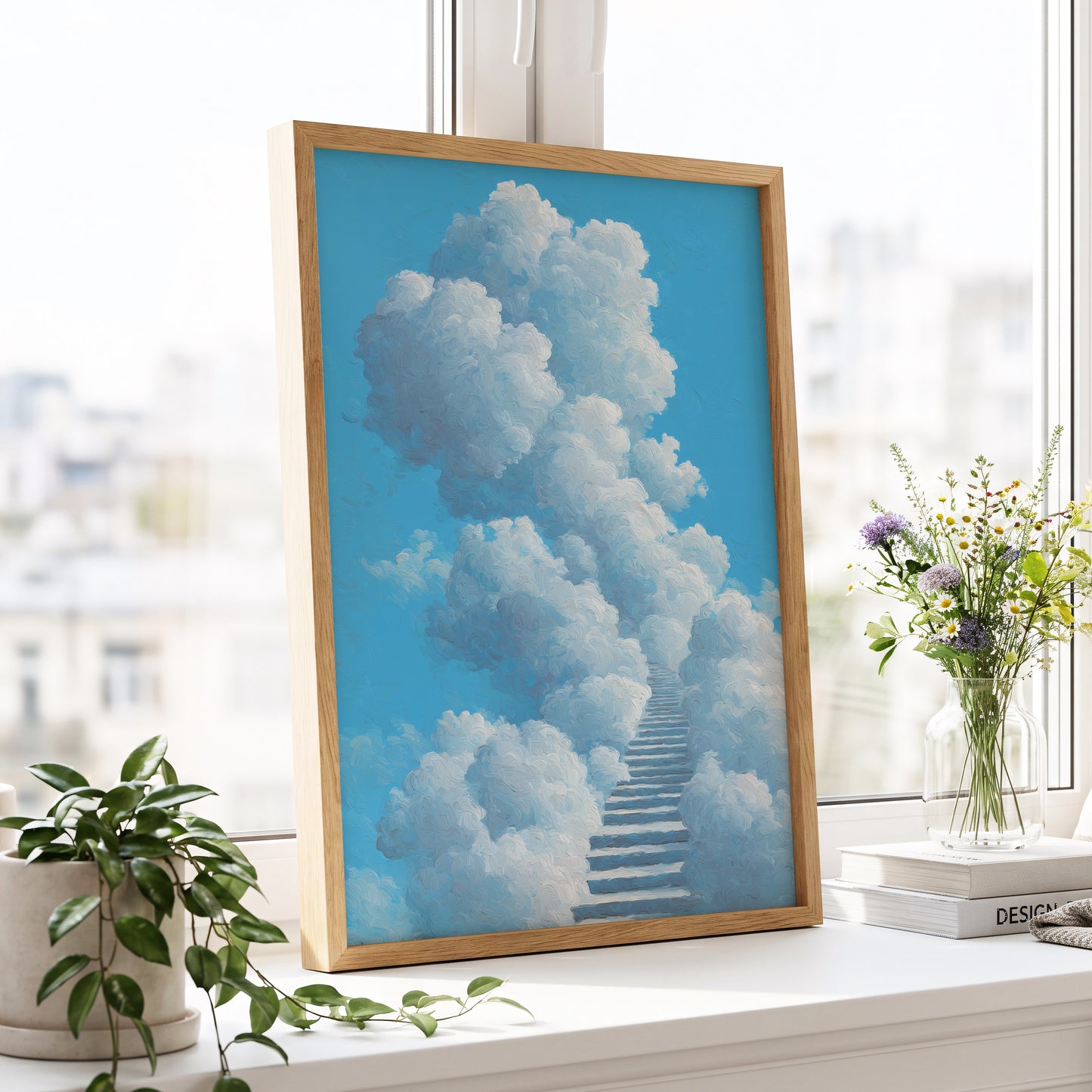Cloudway Ascending, blue, white, gray nature wall art displayed in a styled interior, gallery view 9
