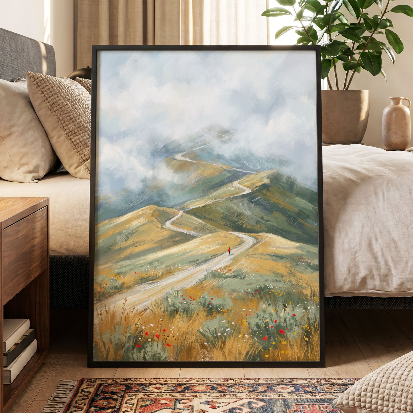 Cloudway Wanderer, blue, green, beige nature wall art displayed in a styled interior, gallery view 9