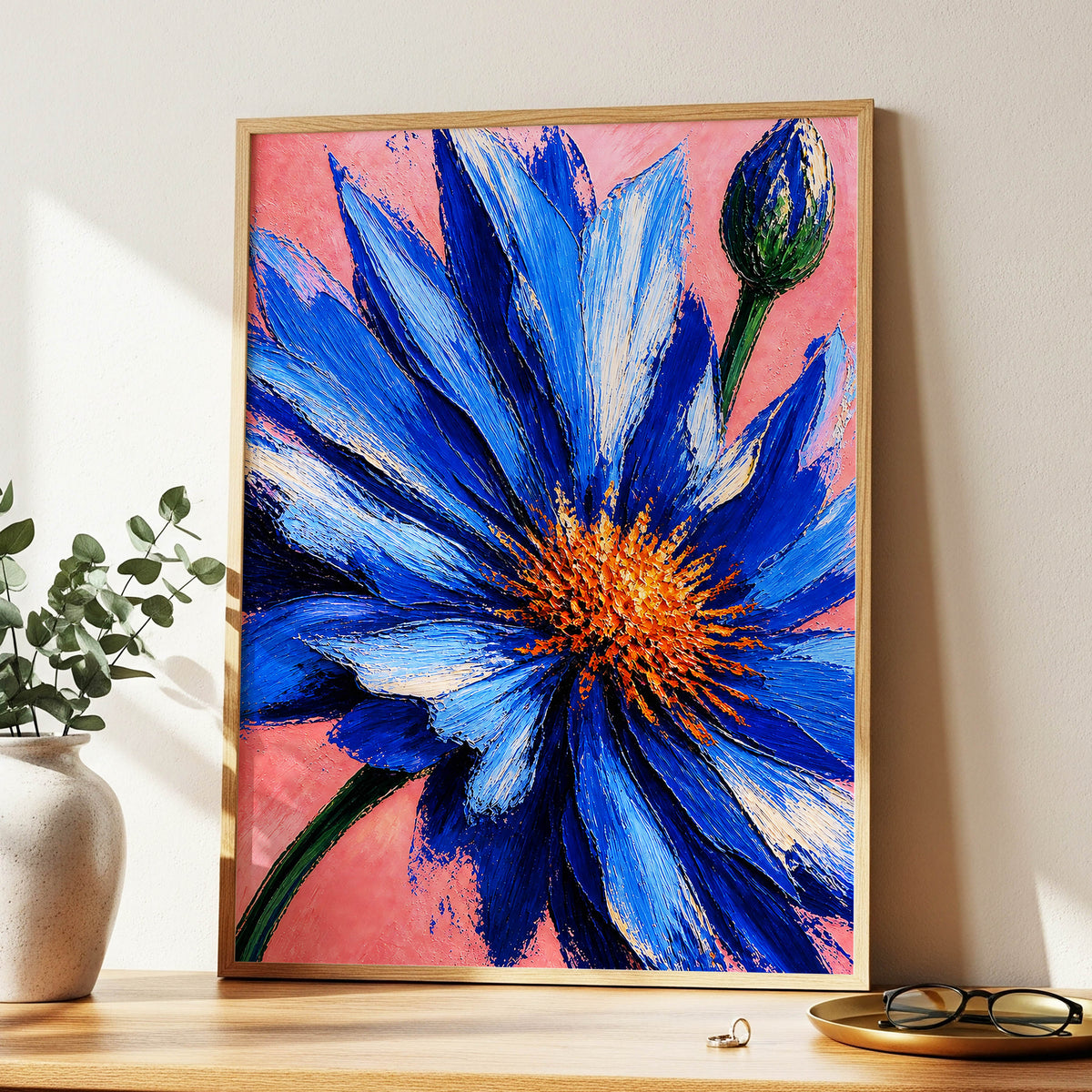 Cobalt Bloom, blue, pink, orange floral wall art displayed in a styled interior, gallery view 9