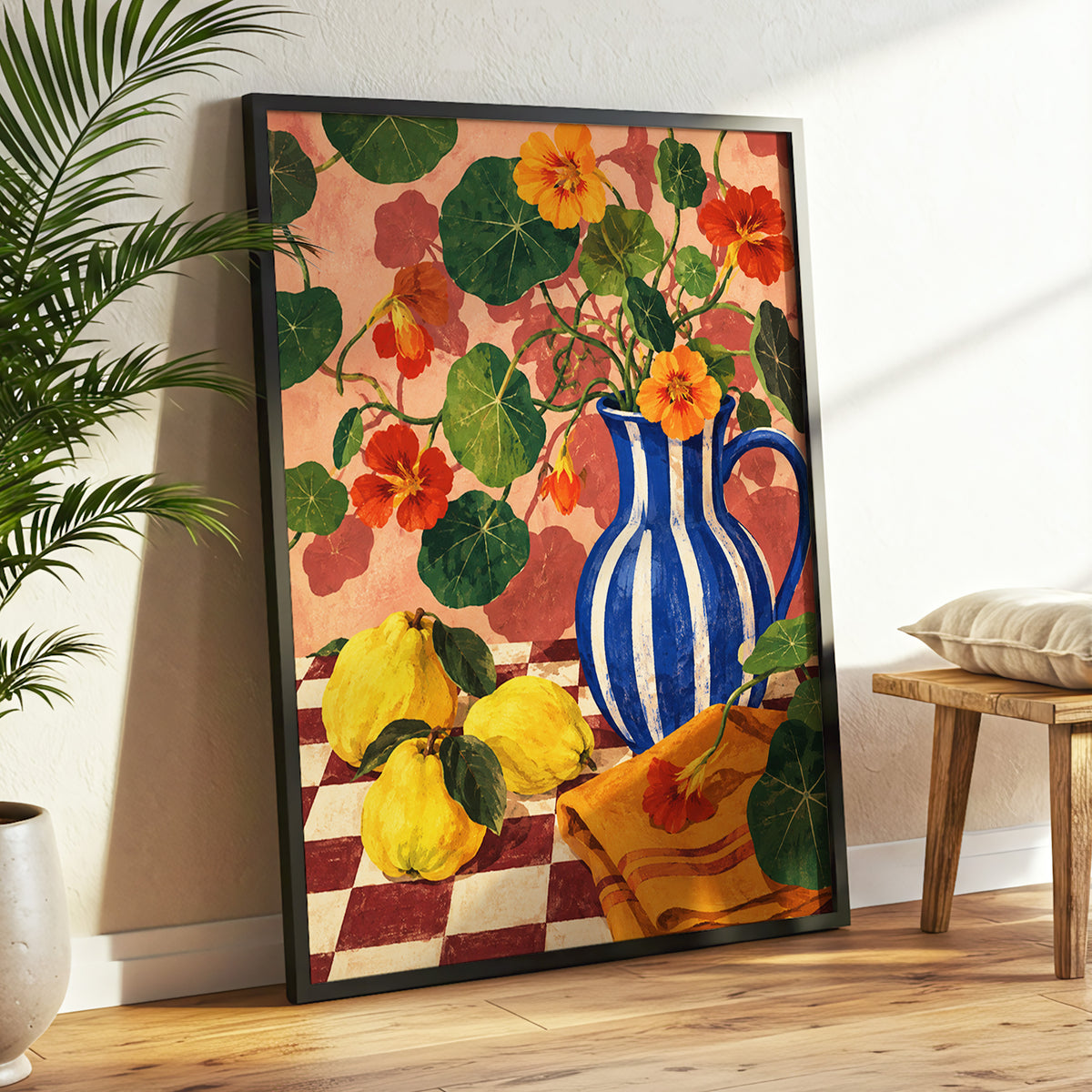 Cobalt Citrus Bloom, blue, green, orange floral wall art displayed in a styled interior, gallery view 9