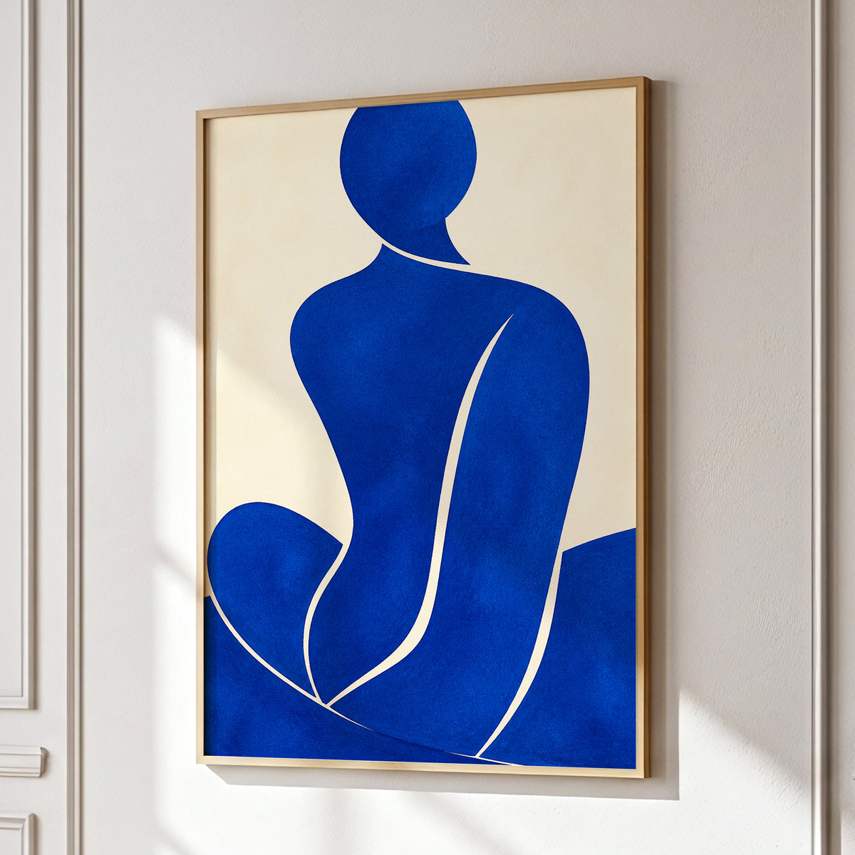 Cobalt Contours, blue, beige, yellow minimalist wall art displayed in a styled interior, gallery view 9