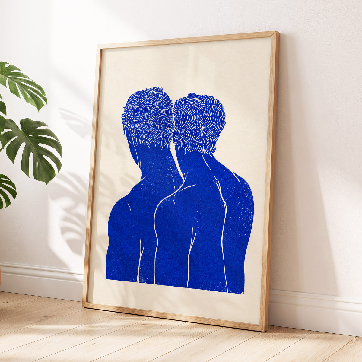 Cobalt Duo, blue, beige, white minimalist wall art displayed in a styled interior, gallery view 9