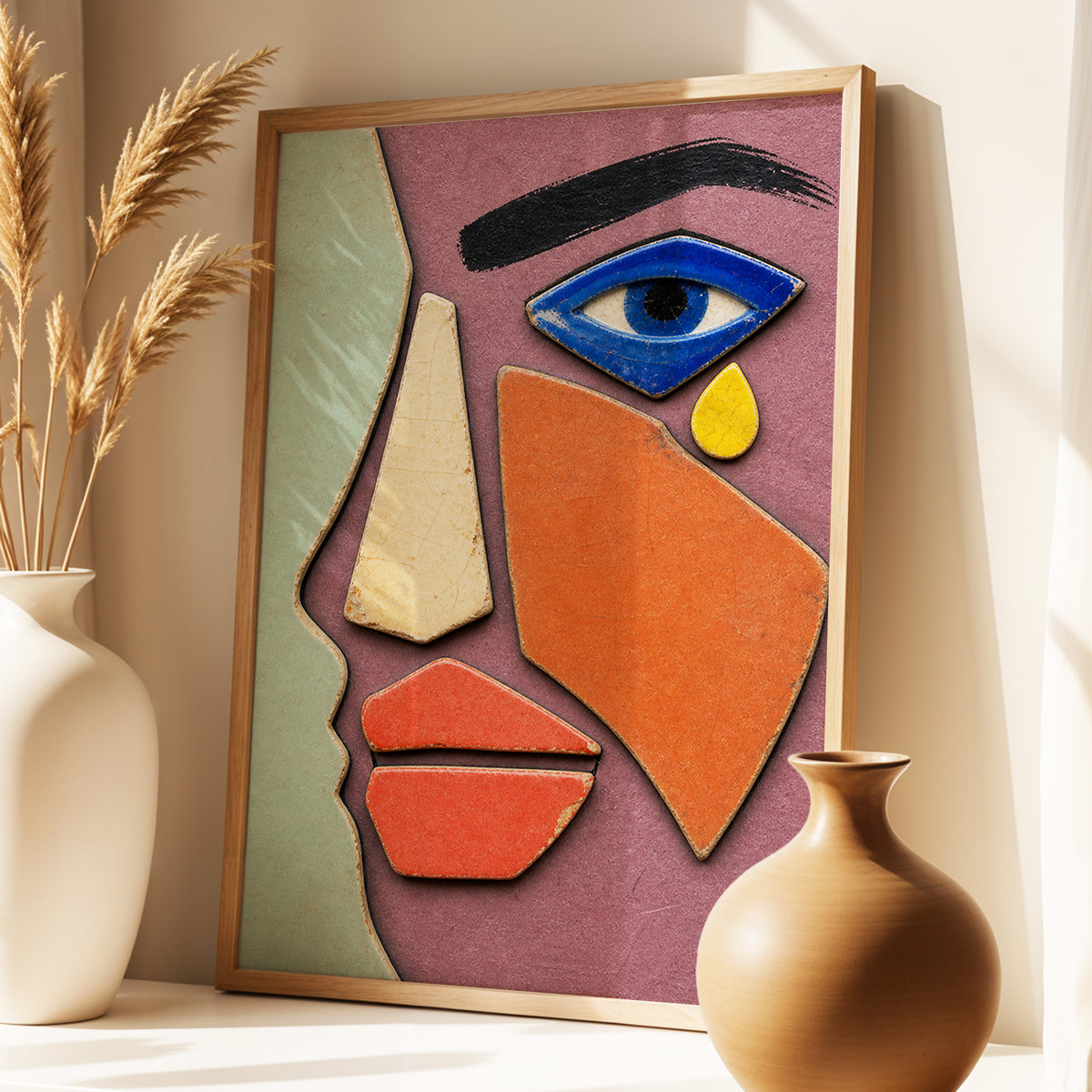 Cobalt Gaze, purple, green, orange abstract wall art displayed in a styled interior, gallery view 9