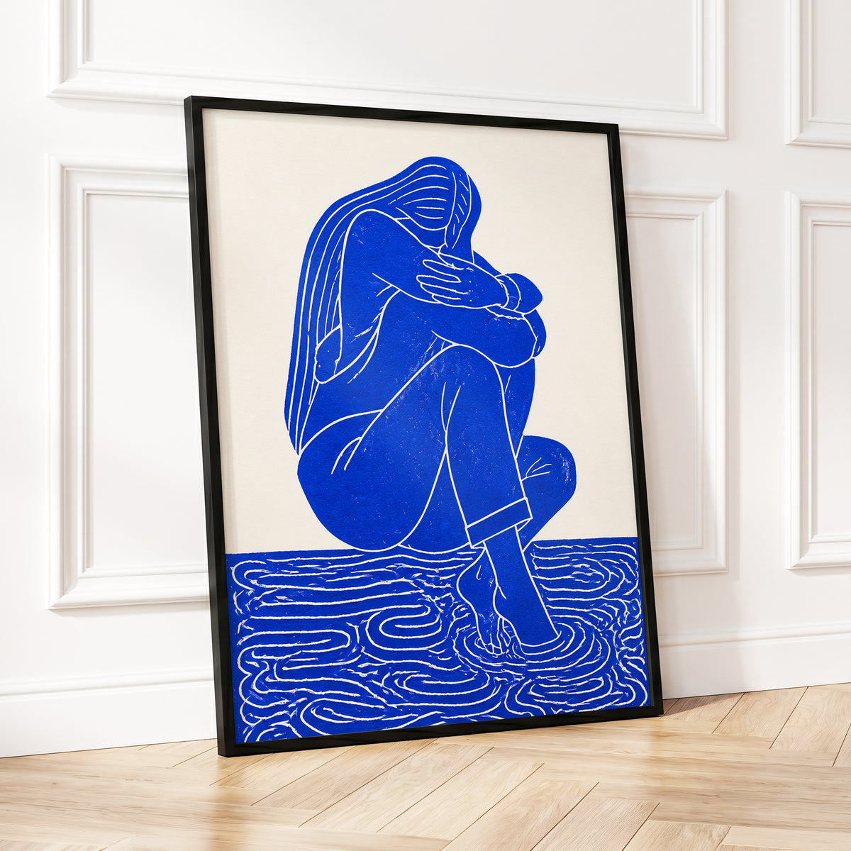 Cobalt Reverie, blue, beige, white minimalist wall art displayed in a styled interior, gallery view 9