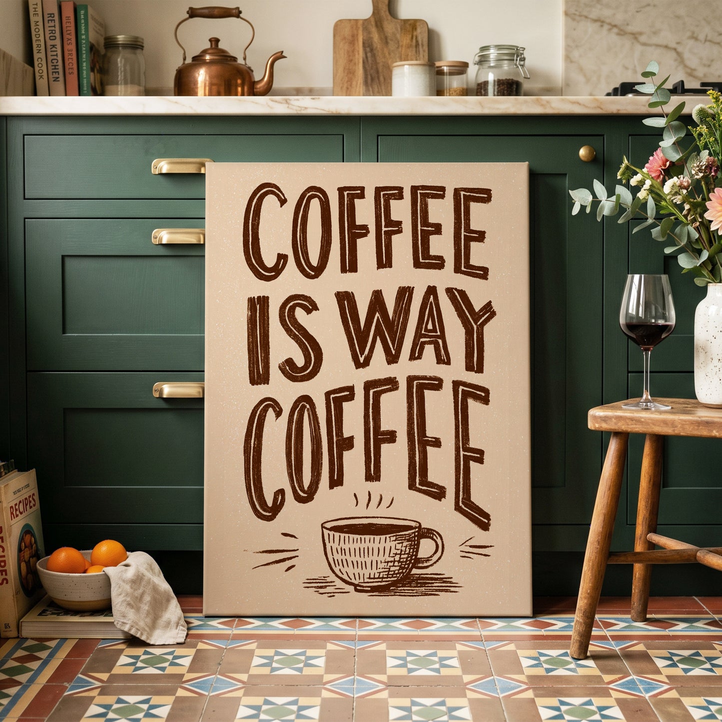 Coffee Is the Way, beige, brown, white minimalist wall art on canvas displayed in a styled interior, gallery view 2