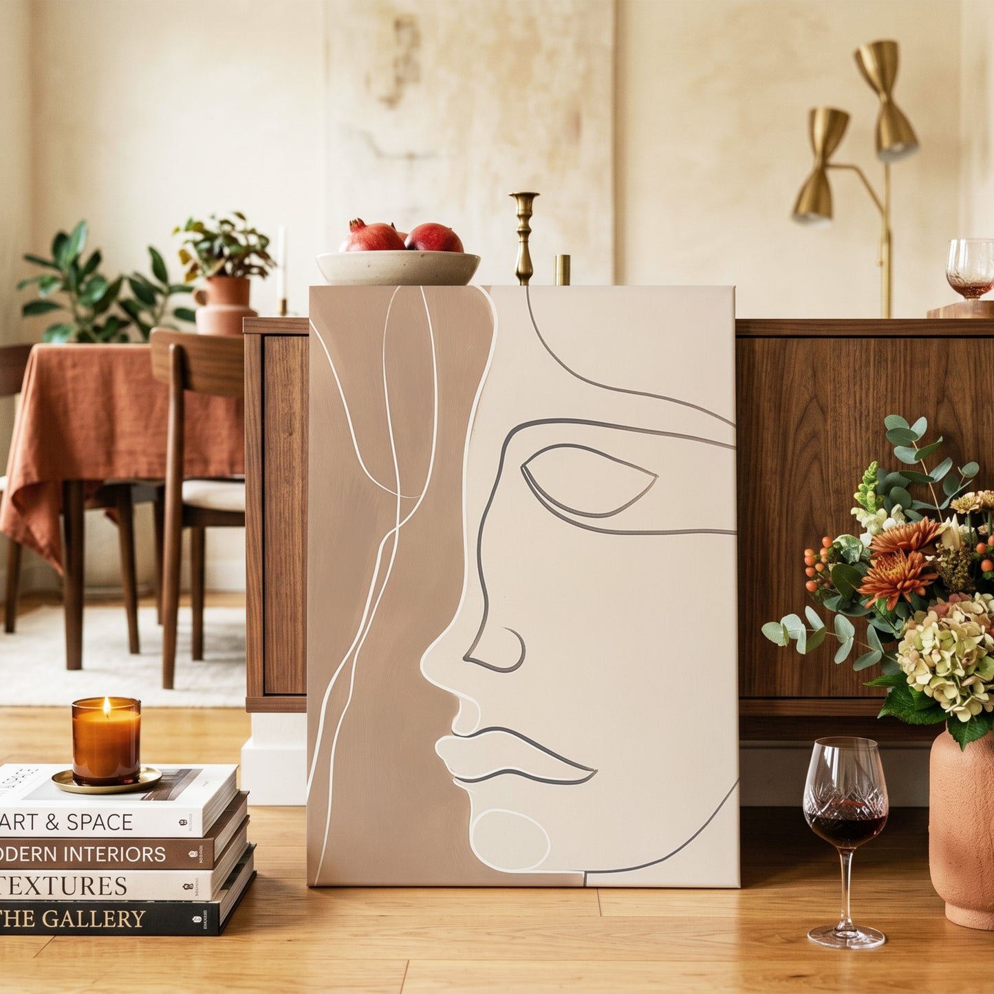 Contour in Quiet, beige, brown, black minimalist wall art on canvas displayed in a styled interior, gallery view 2