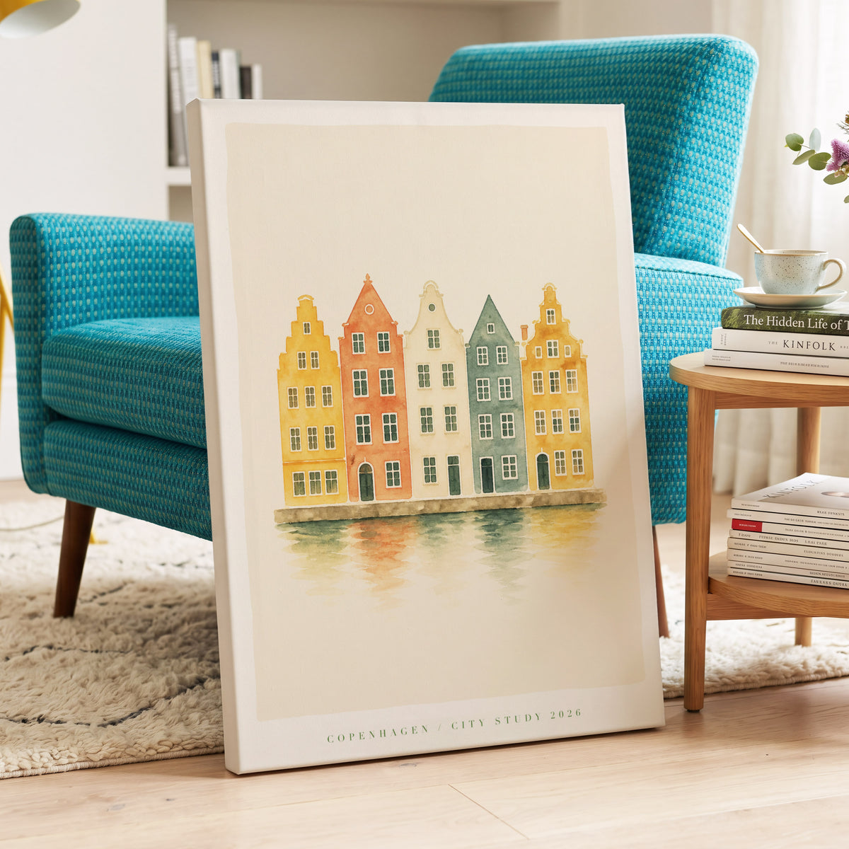 Copenhagen Gable Row, beige, gold, green minimalist wall art on canvas displayed in a styled interior, gallery view 2