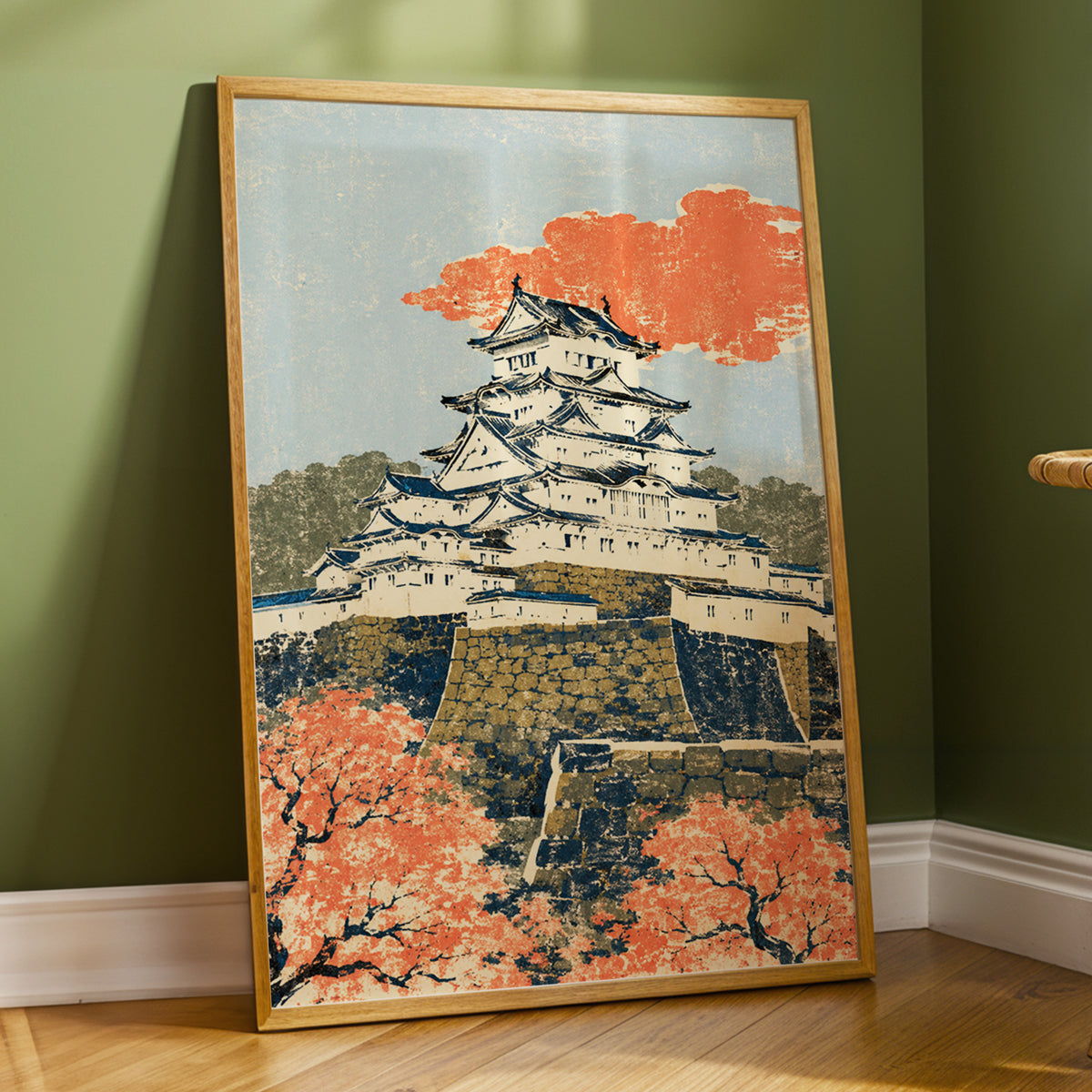 Coral Castle Heights, blue, beige, orange minimalist wall art displayed in a styled interior, gallery view 9