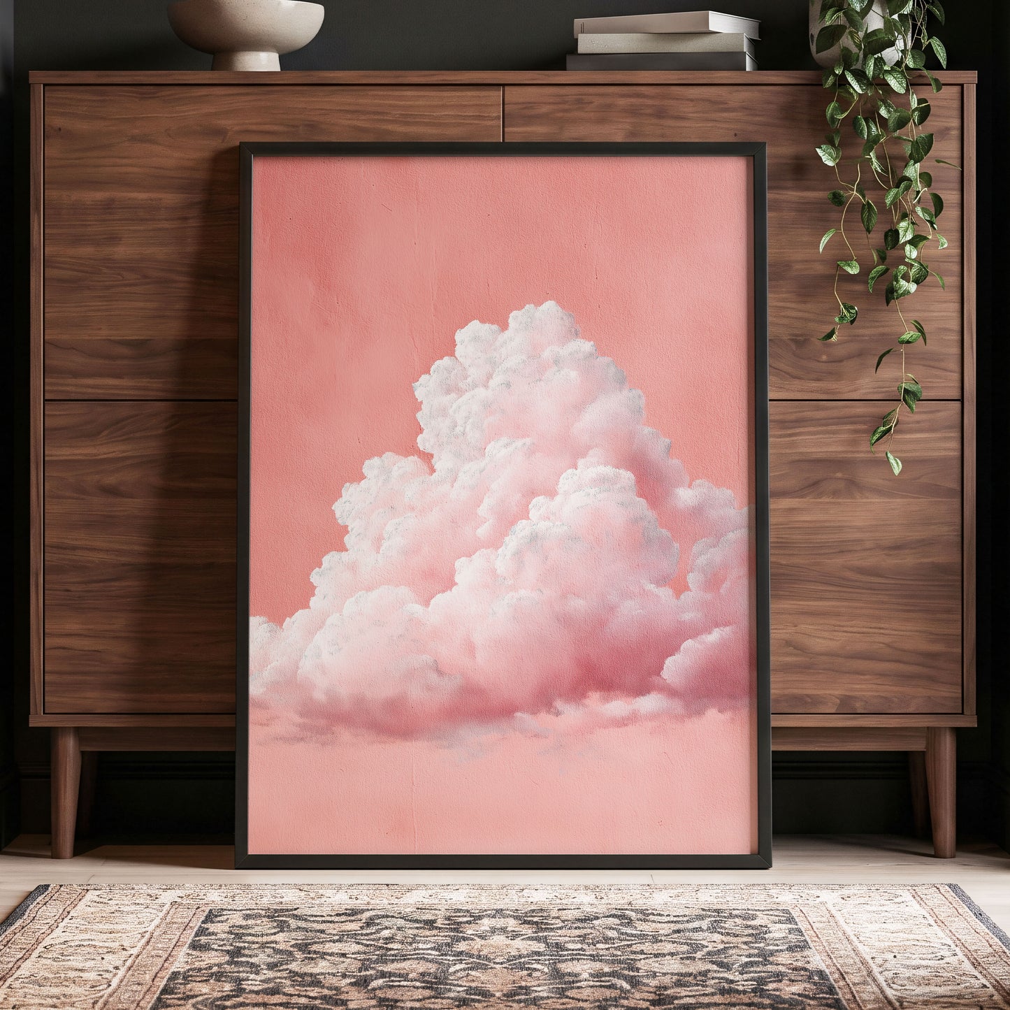 Coral Cumulus, pink, white, gray nature wall art displayed in a styled interior, gallery view 9