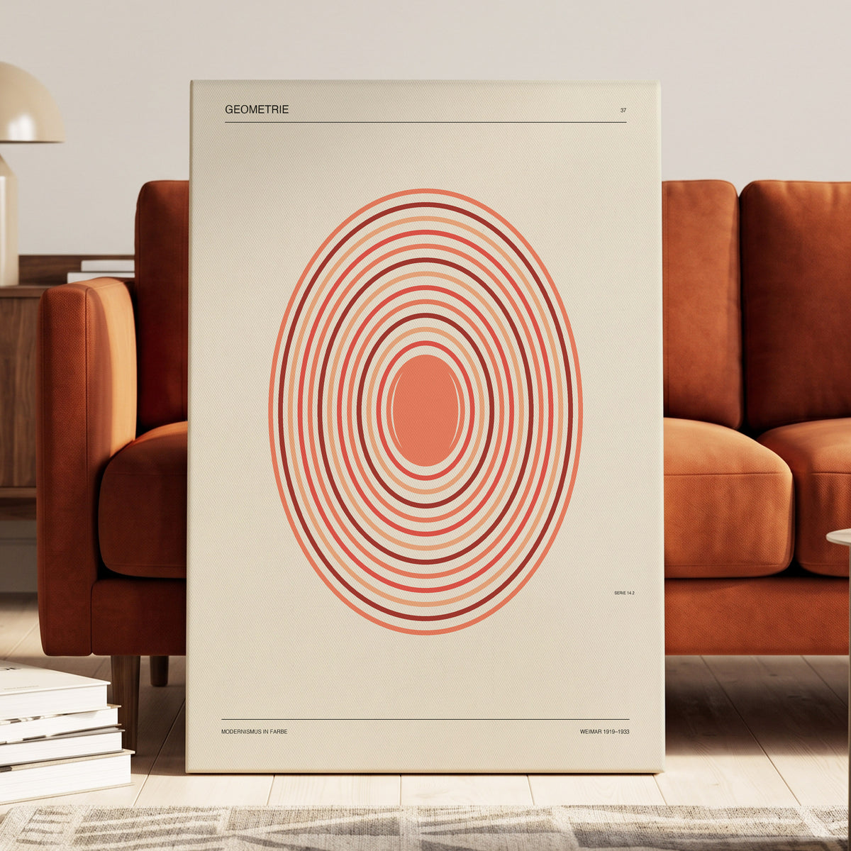 Coral Orbit Geometry, beige, red, orange abstract wall art on canvas displayed in a styled interior, gallery view 2