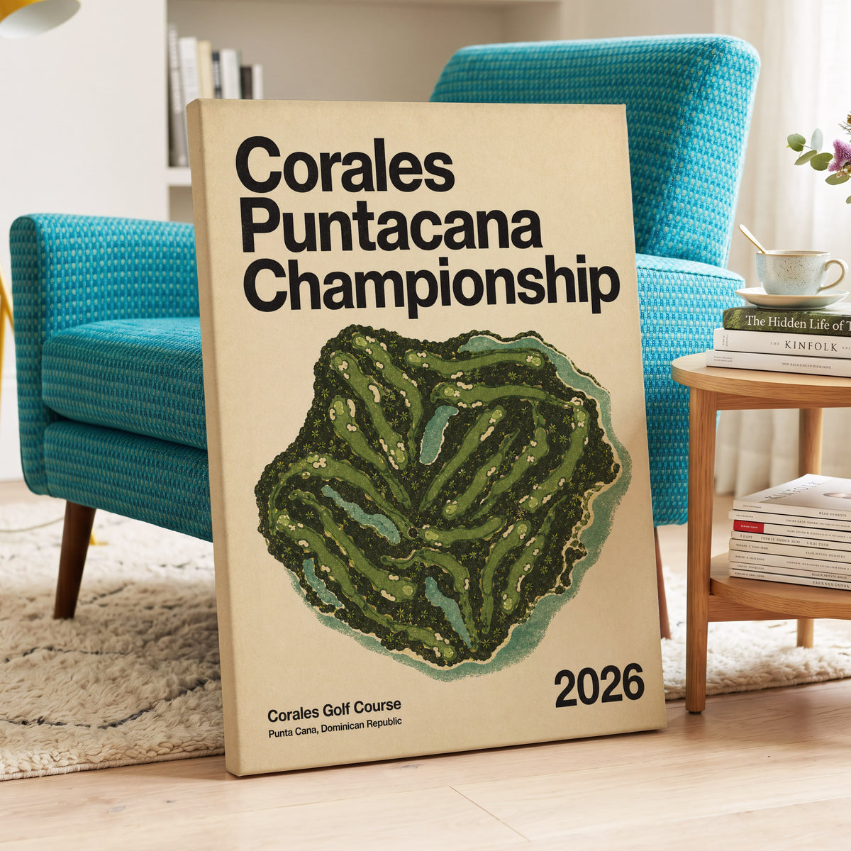Corales Course Classic, beige, black, green nature wall art on canvas displayed in a styled interior, gallery view 2