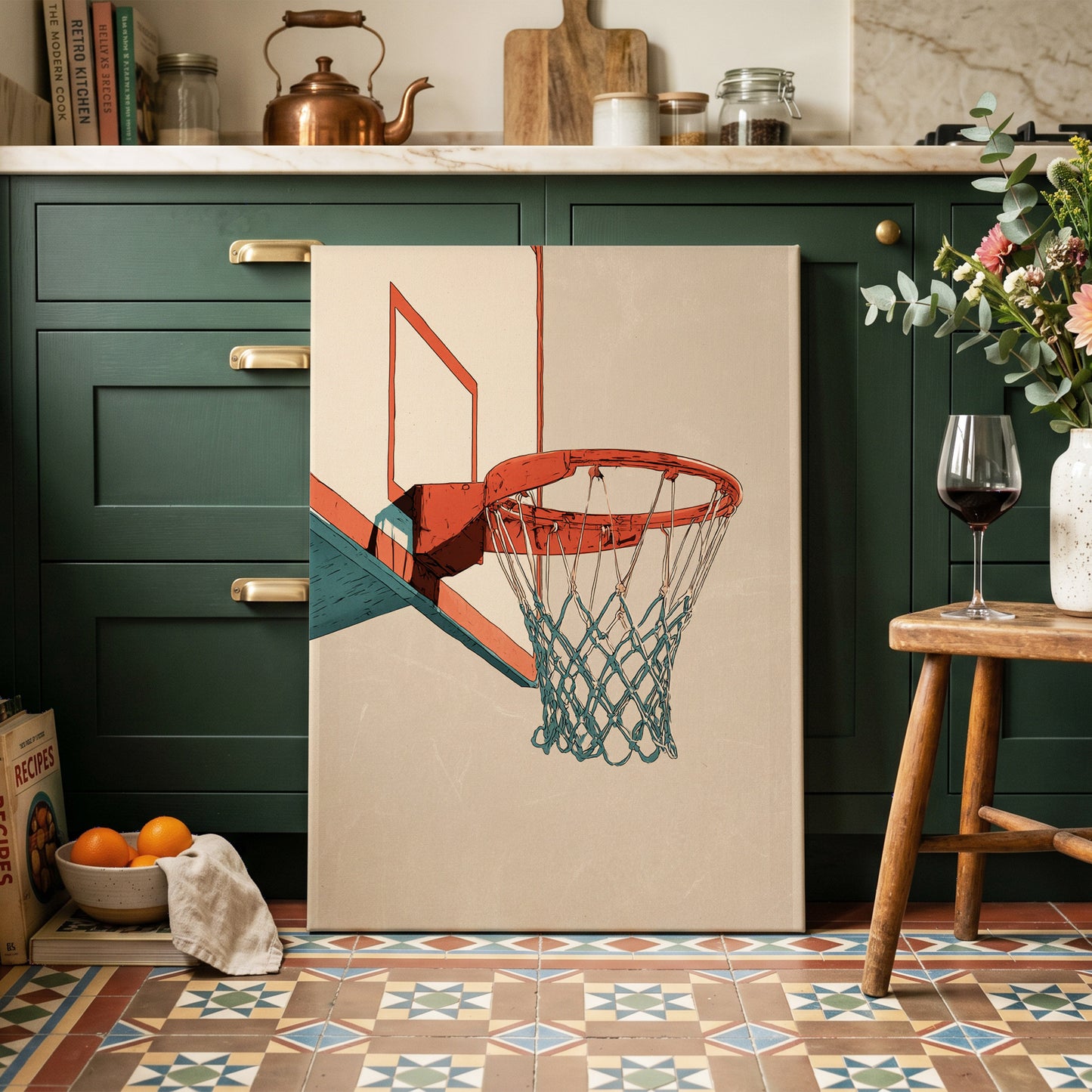 Courtside Geometry, beige, orange, blue minimalist wall art on canvas displayed in a styled interior, gallery view 2