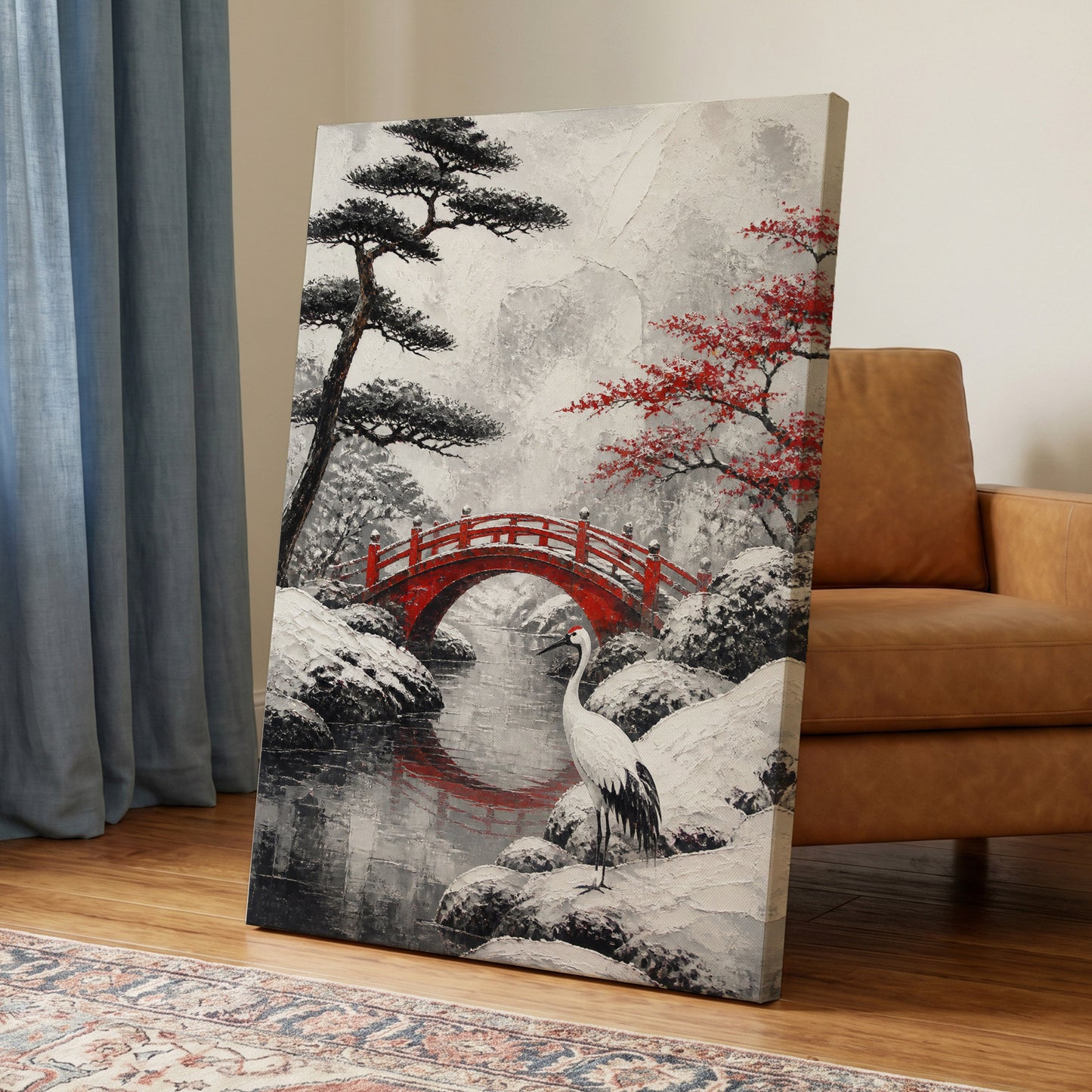 Crane at the Crimson Bridge, white, red, black nature wall art on canvas displayed in a styled interior, gallery view 2