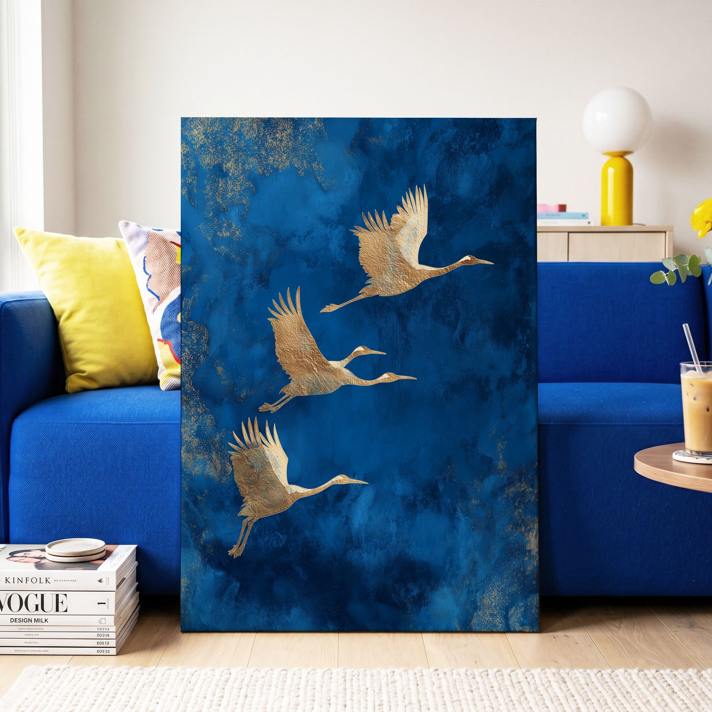 Cranes Across Cobalt, blue, gold, brown nature wall art on canvas displayed in a styled interior, gallery view 2