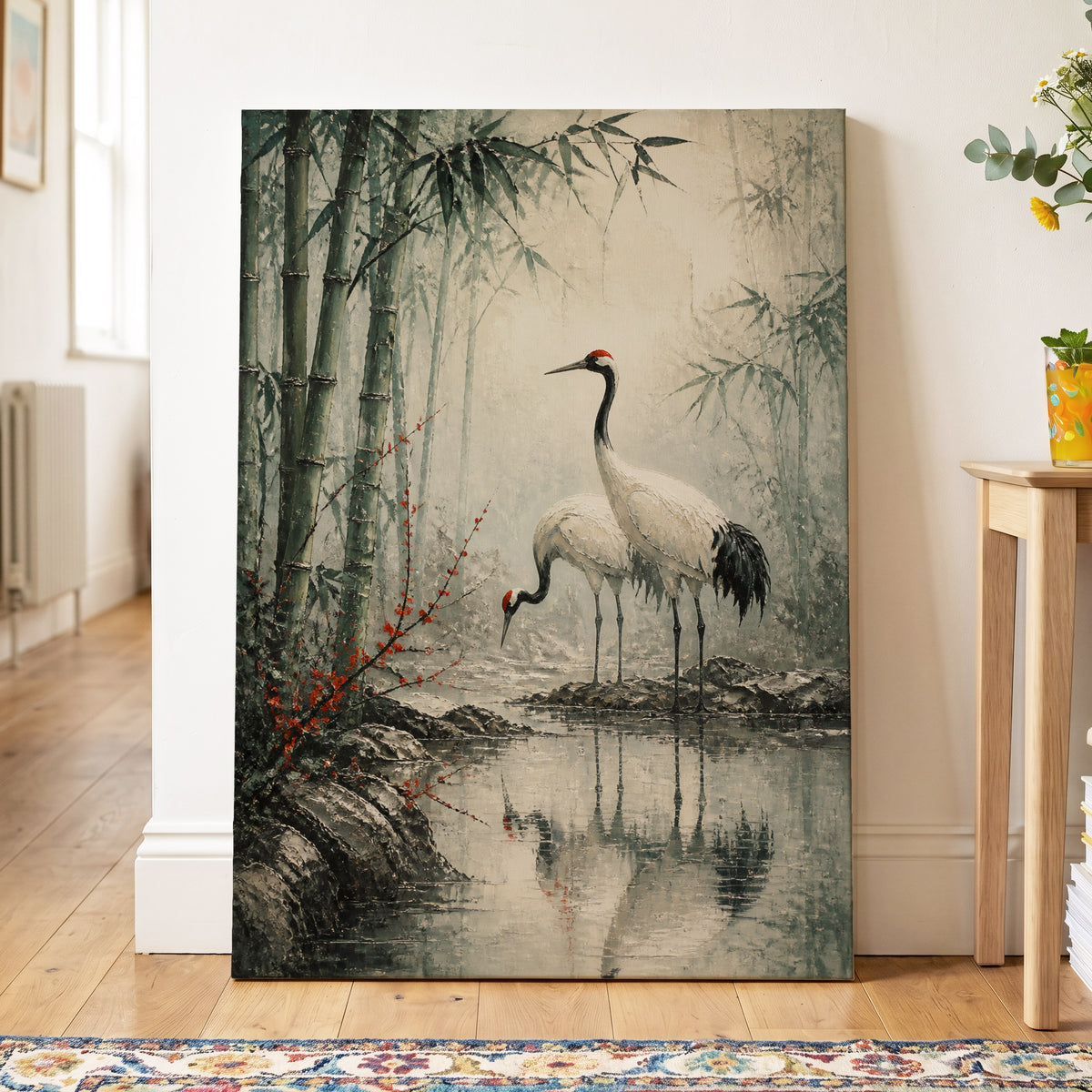 Cranes in the Bamboo Mist, green, beige, gray nature wall art on canvas displayed in a styled interior, gallery view 2
