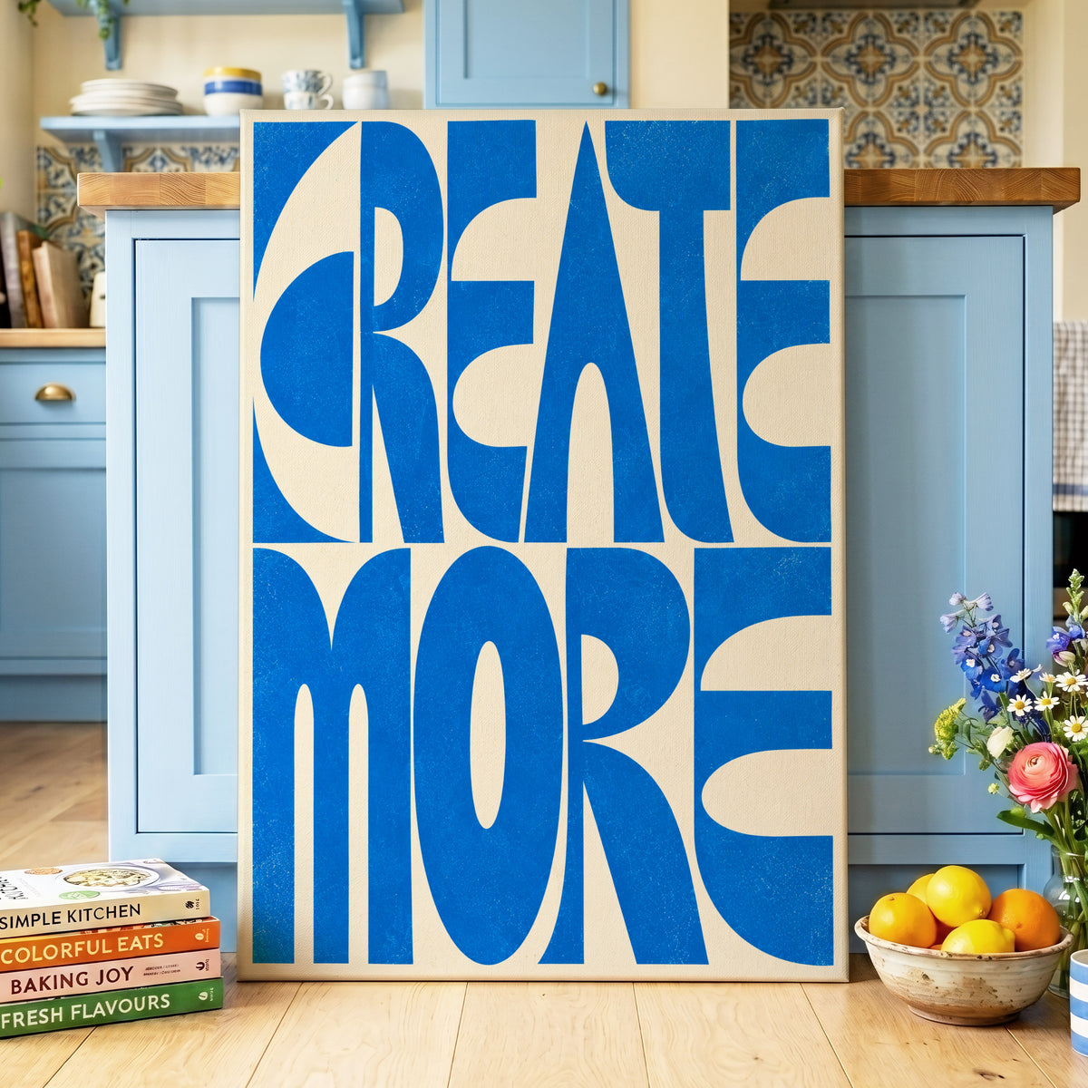 Create More in Blue, blue, beige abstract wall art on canvas displayed in a styled interior, gallery view 2