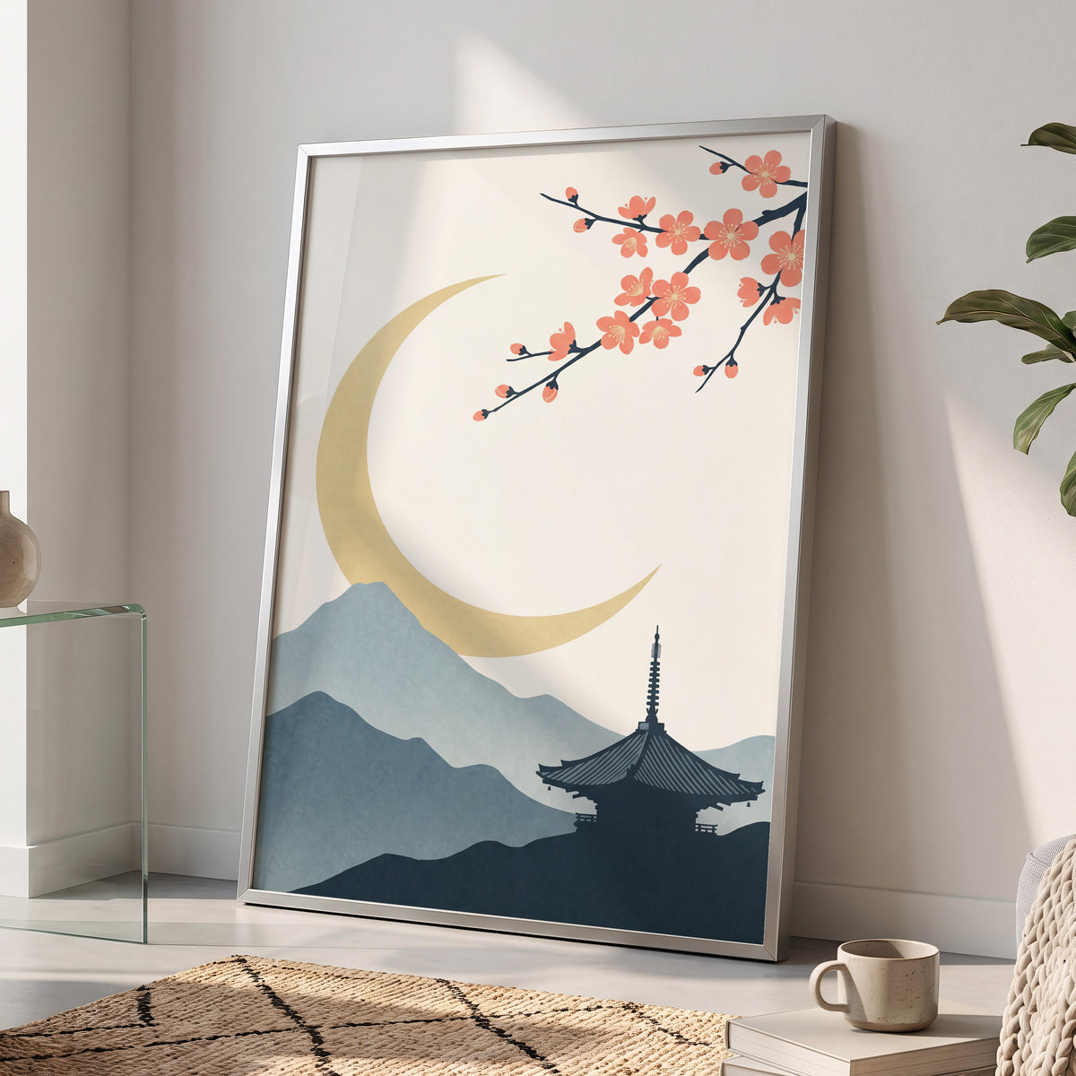 Crescent Blossom Vista, beige, gold, pink nature wall art displayed in a styled interior, gallery view 9
